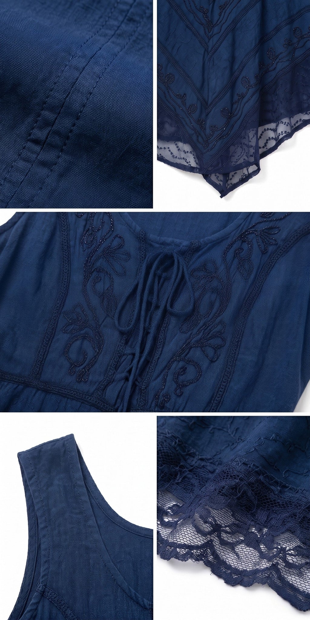 Stonewashed navy mid-length dress with embroidered pattern and lace-trim hem