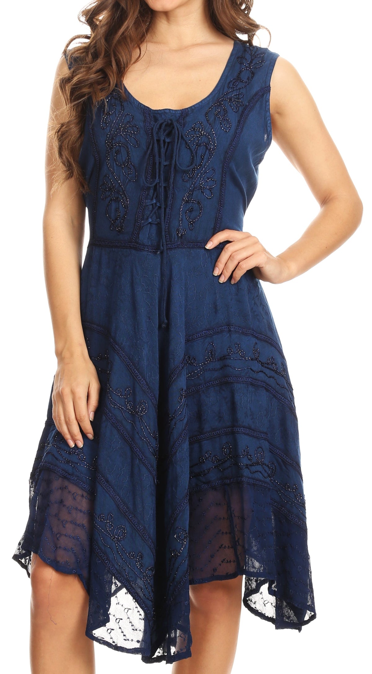 Dusty blue sleeveless embroidered mid-length dress with drawstring neckline and layered hem