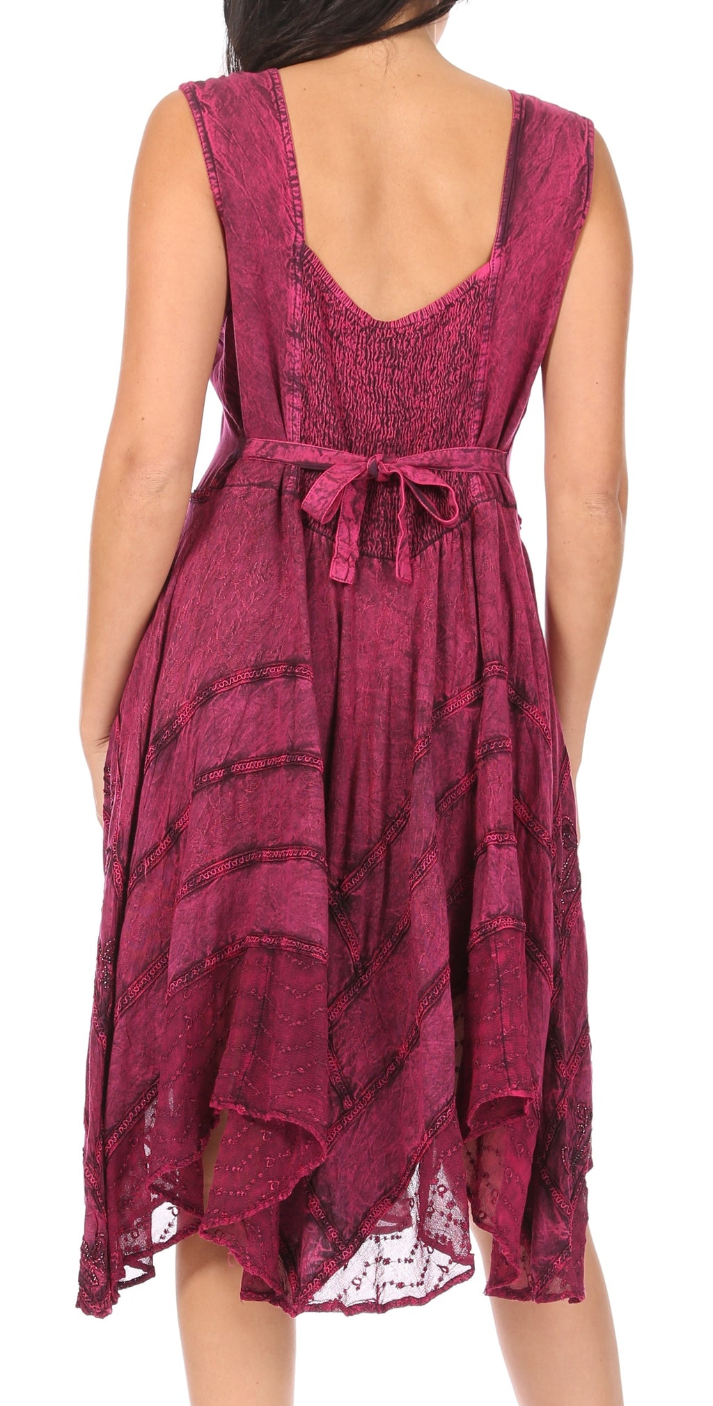 Back view of wine red sleeveless mid-length dress with embroidered fabric and tie waist