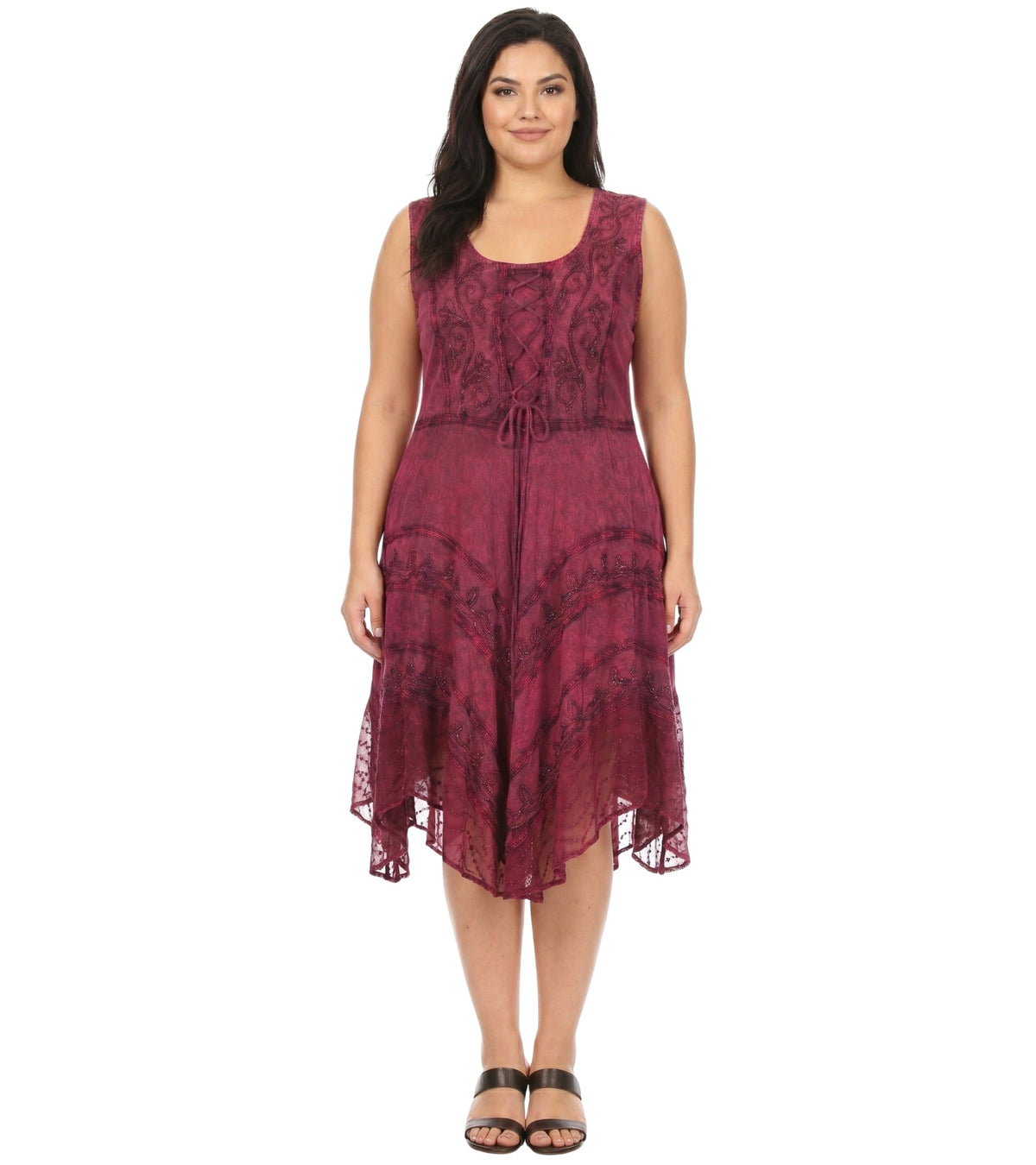 Wine red mid-length sleeveless dress with embroidered pattern and lace-edged asymmetrical hem