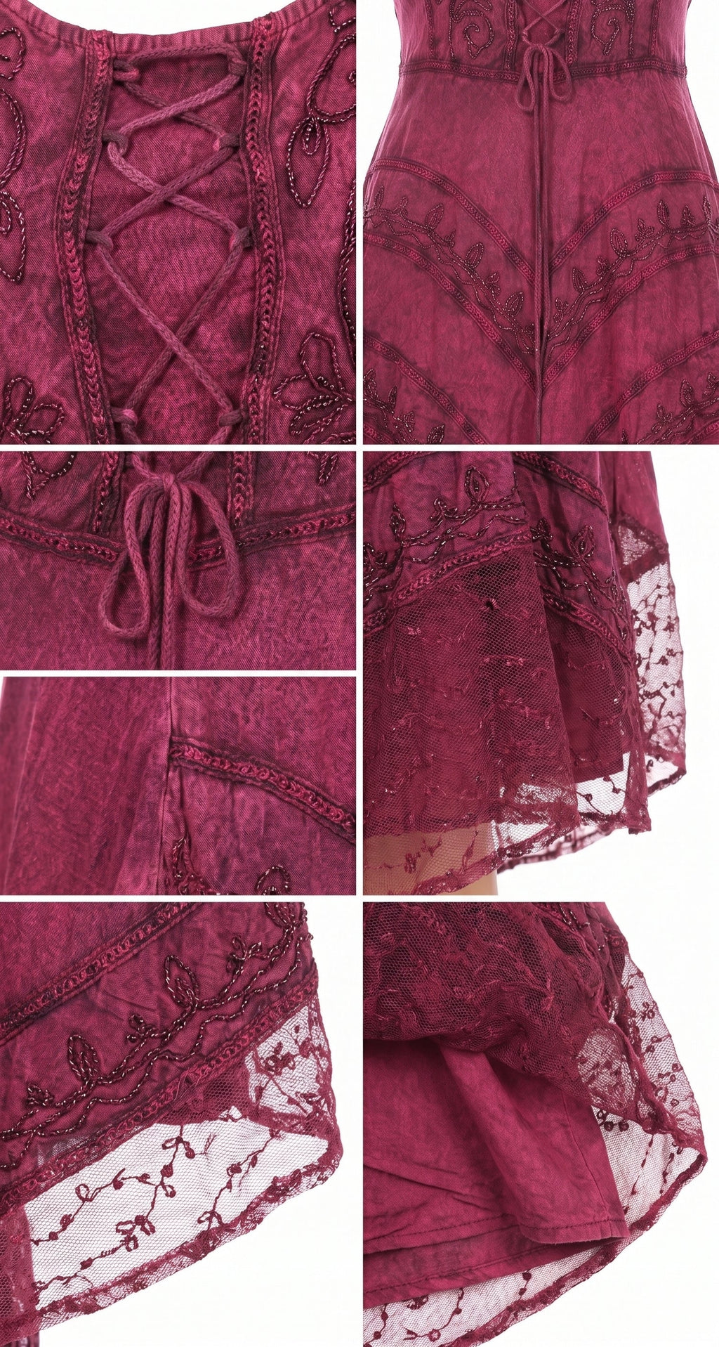 Wine red dress close-up with embroidered motifs and lace-edged hem detailing