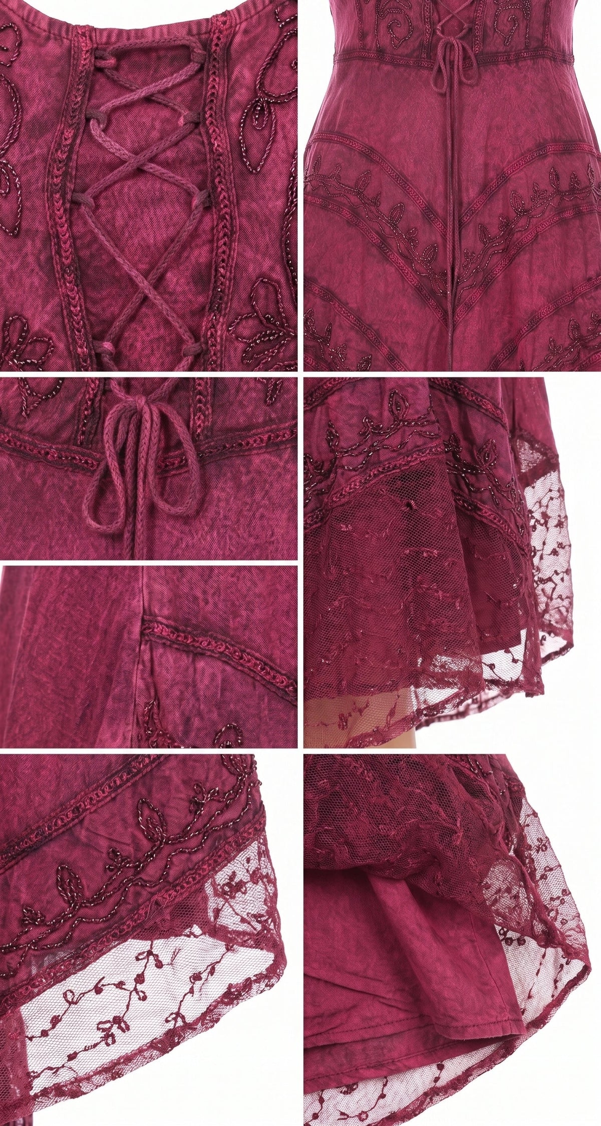 Wine red dress close-up with embroidered motifs and lace-edged hem detailing