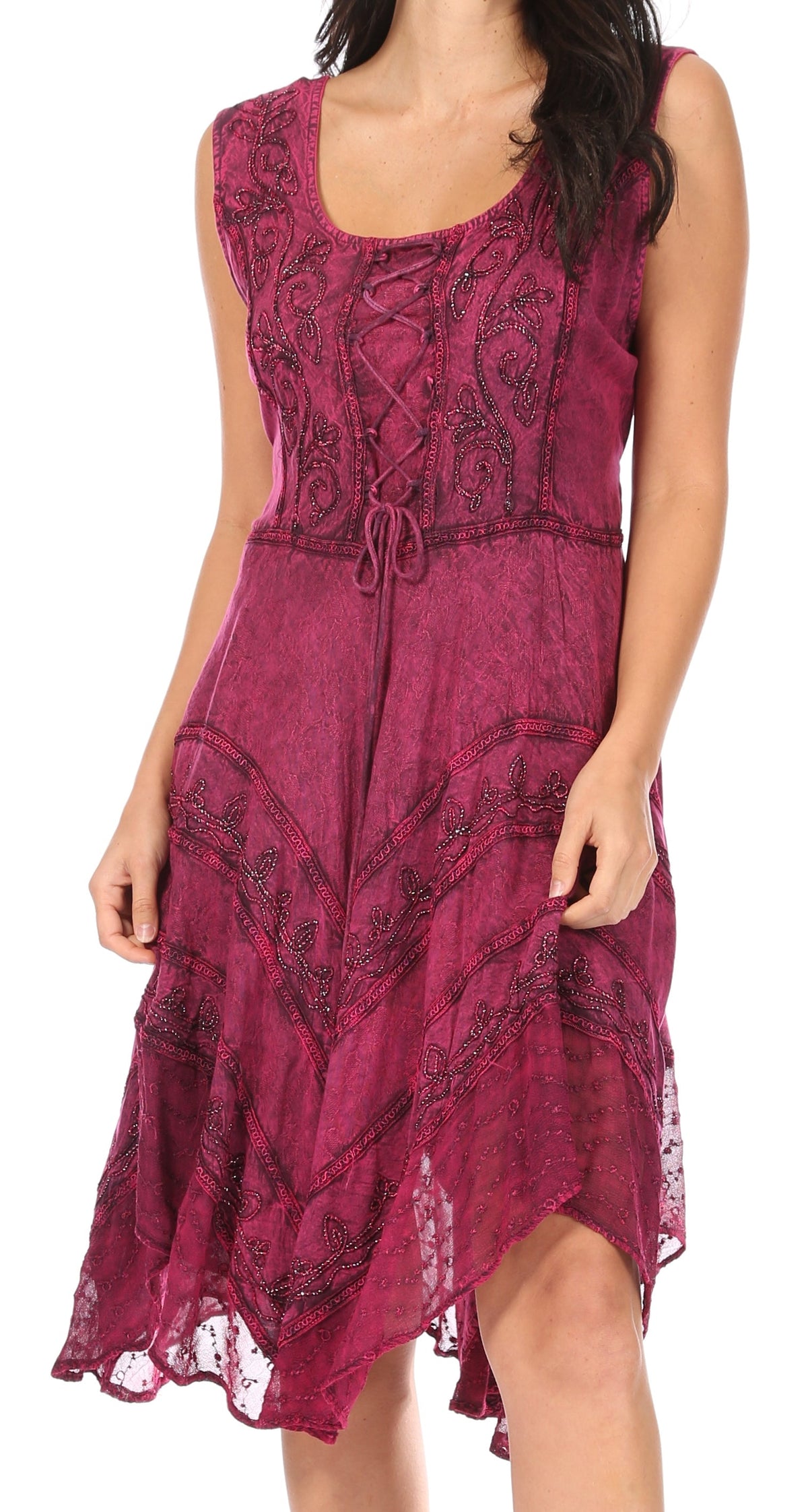 Wine red sleeveless mid-length dress with embroidered print and gathered skirt