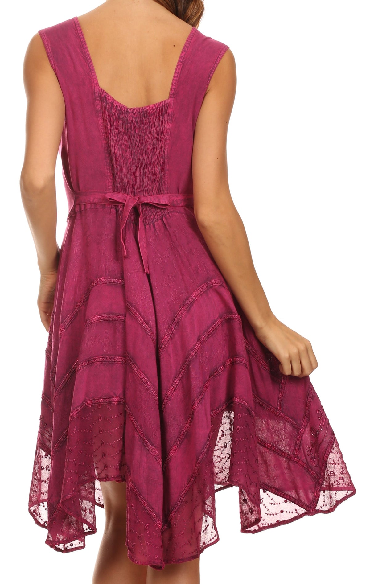 Back view of wine red sleeveless mid-length dress with embroidered panels and tie waist