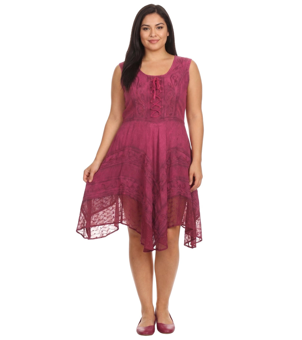 Mid-length embroidered rayon dress in deep purple with sleeveless scoop neckline