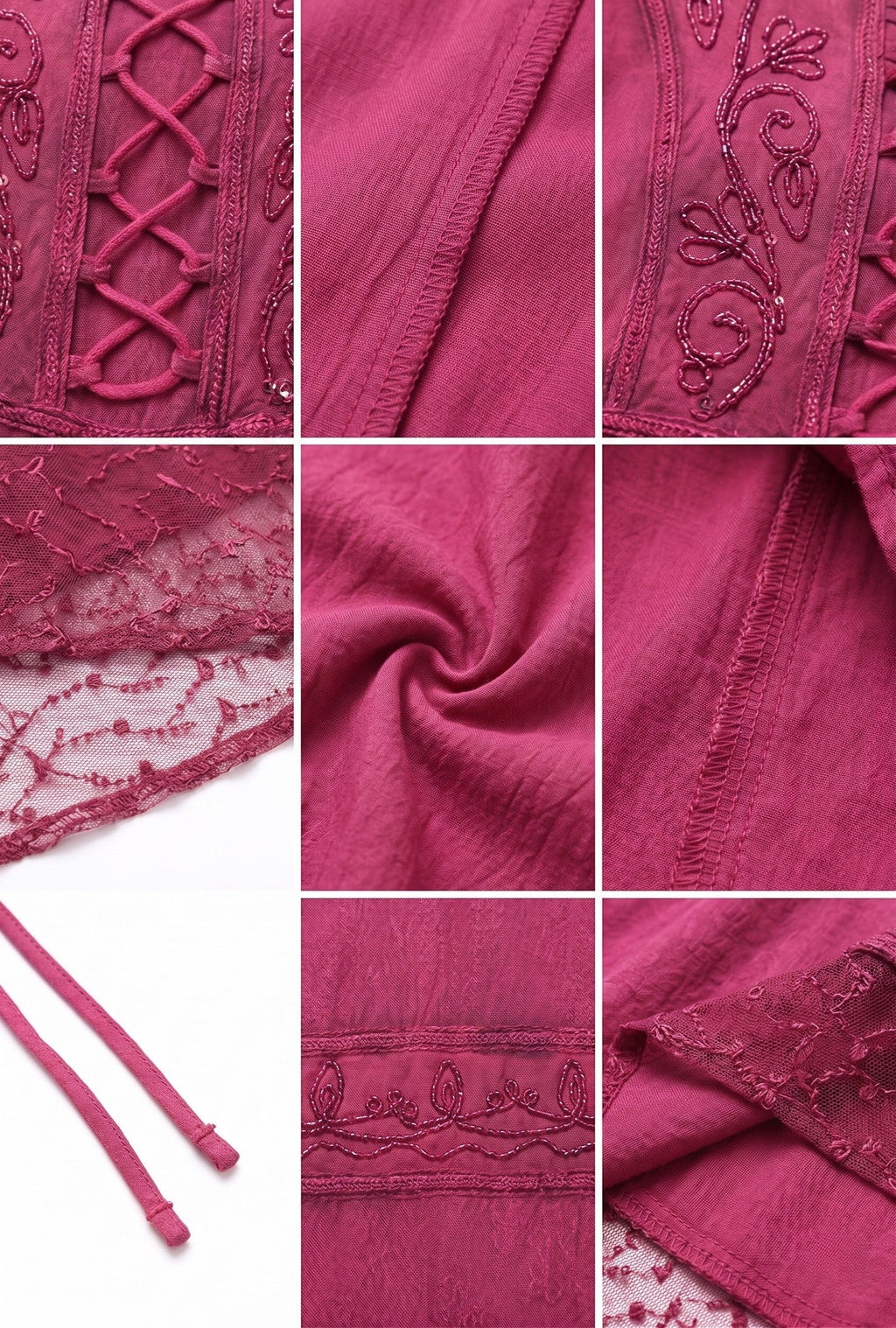Close-up of deep purple dress fabric with embroidered detailing and lace trim