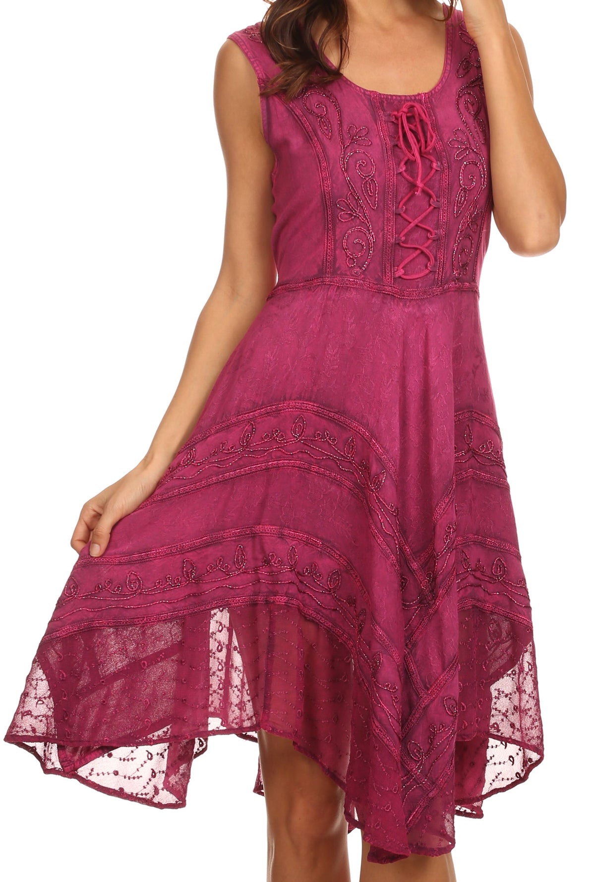 Wine red sleeveless mid-length dress with embroidered bodice and flared lace skirt
