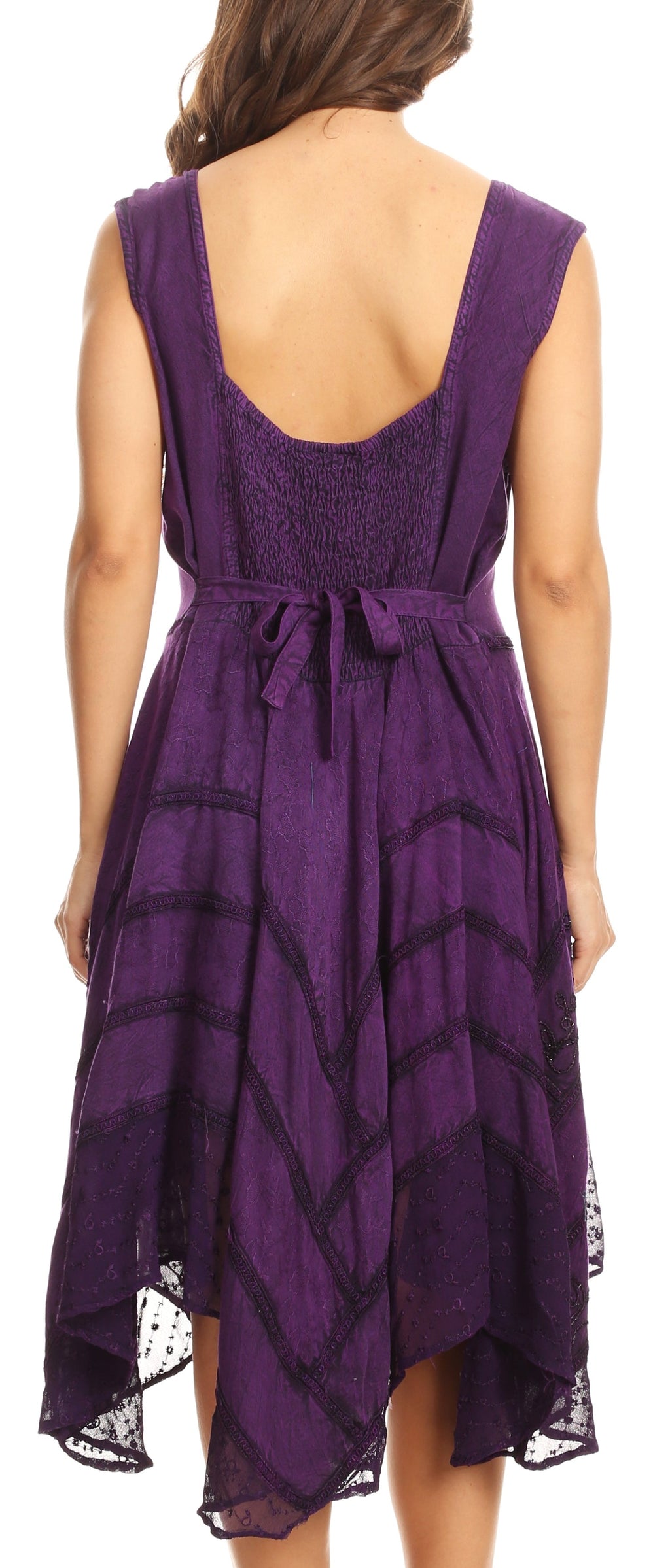 Back view of sleeveless deep purple embroidered dress with open-back yoke detail