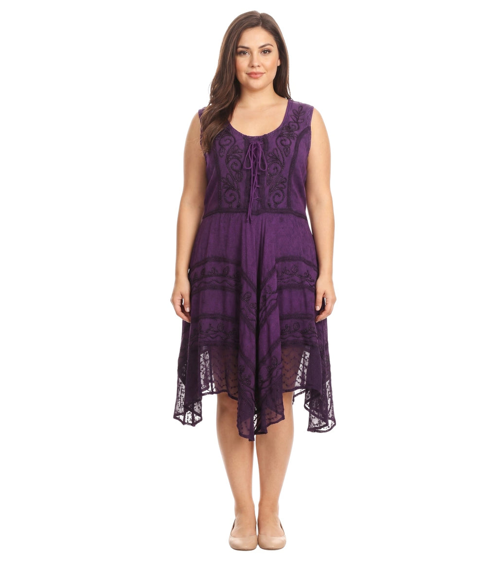 Mid-length sleeveless deep purple embroidered dress with tiered, lace-trimmed hem