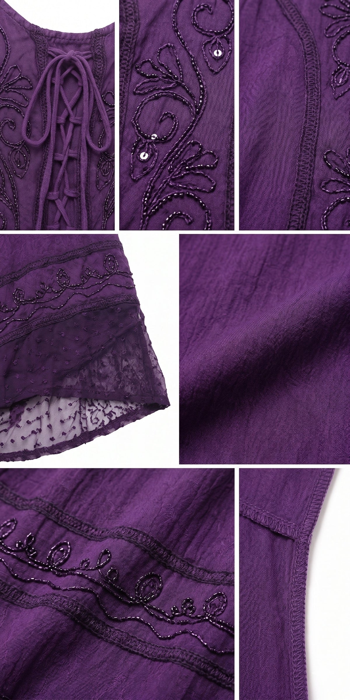 Detail collage of deep purple embroidery on fabric and lace-edged hem