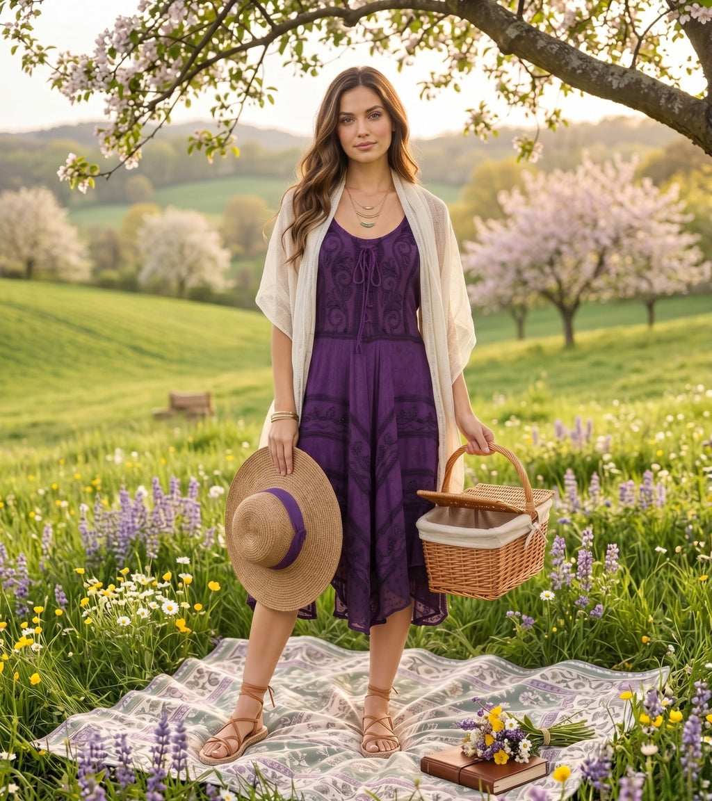 Mid-length deep purple embroidered dress styled outdoors with light kimono-style layer