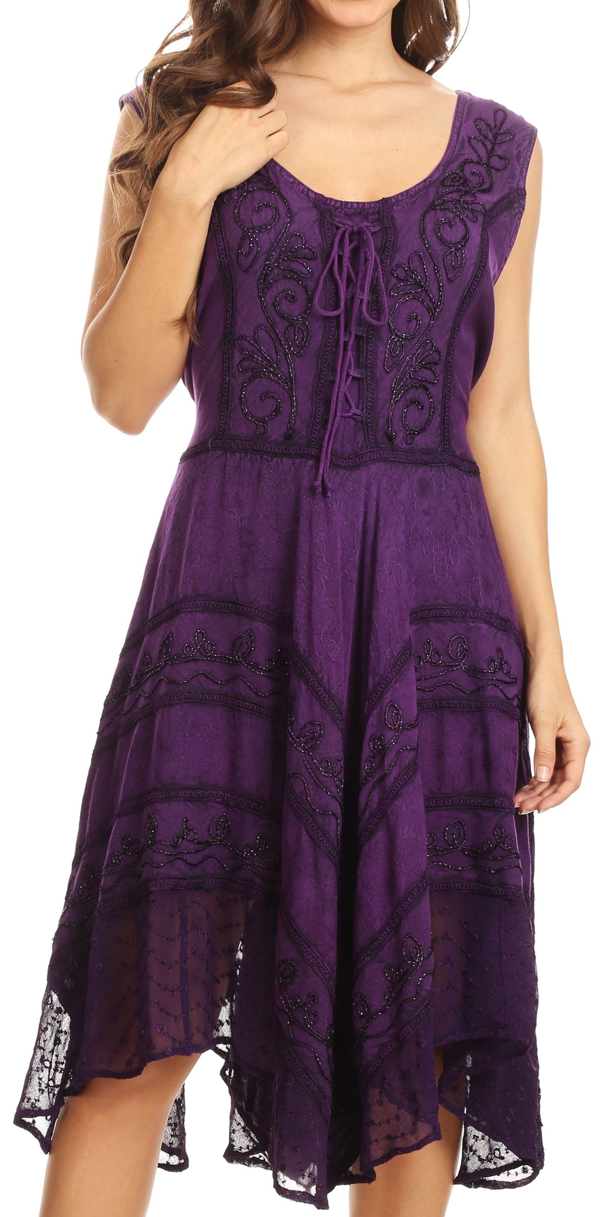 Sleeveless scoop-neck deep purple dress with embroidered front panels and tiered skirt