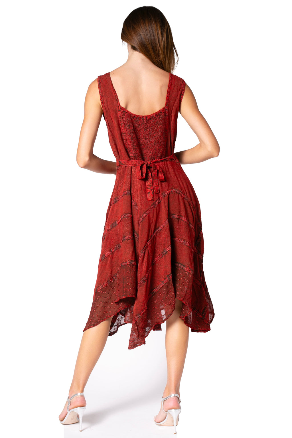 Rust-red sleeveless embroidered mid-length dress with open back and tie-waist detail