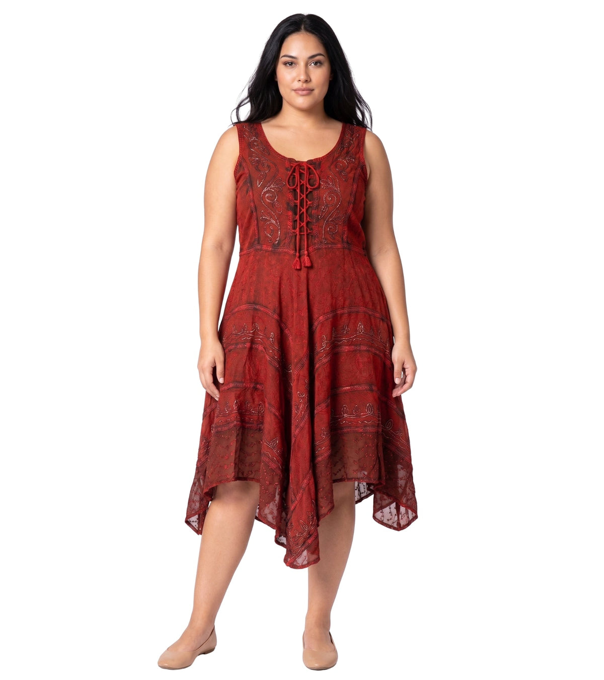 Rust-red embroidered mid-length dress, sleeveless with lace-up neckline and asymmetric hem