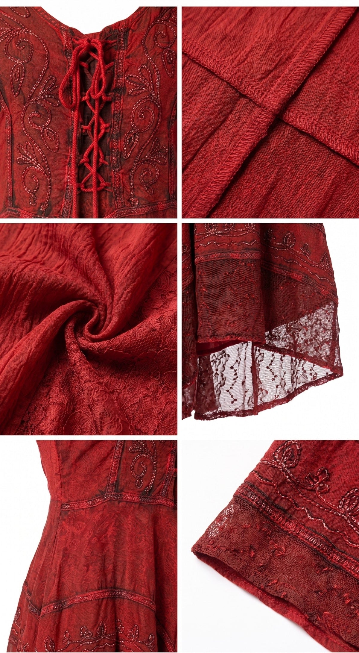 Rust-red embroidered dress fabric close-up with tie-front panel and patterned hem
