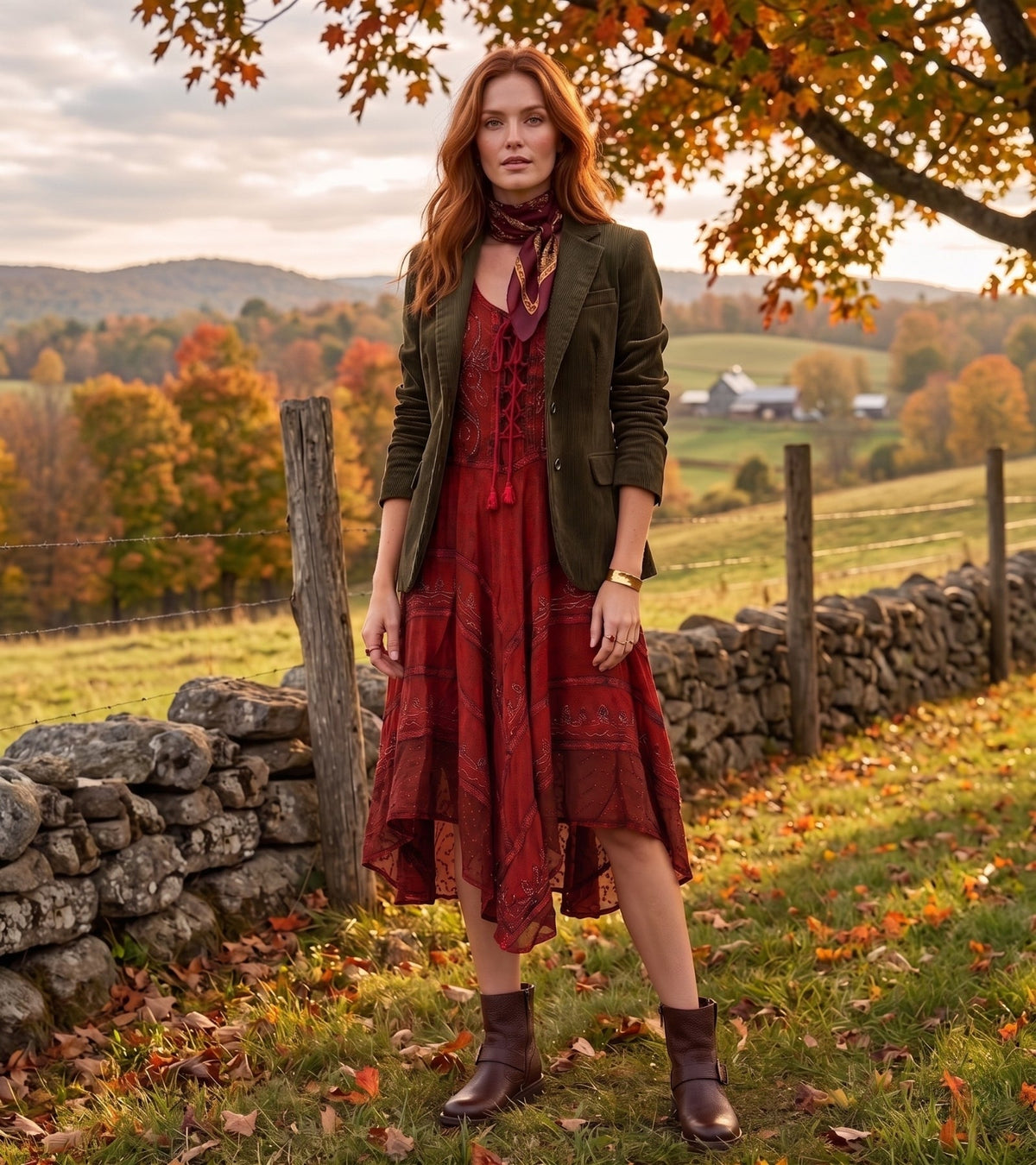 Rust-red embroidered sleeveless dress on model with lace-up neckline and tiered skirt