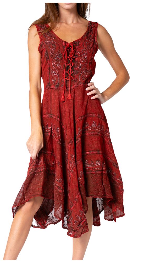 Rust-red embroidered rayon mid-length dress with tie-front neckline and sleeveless cut