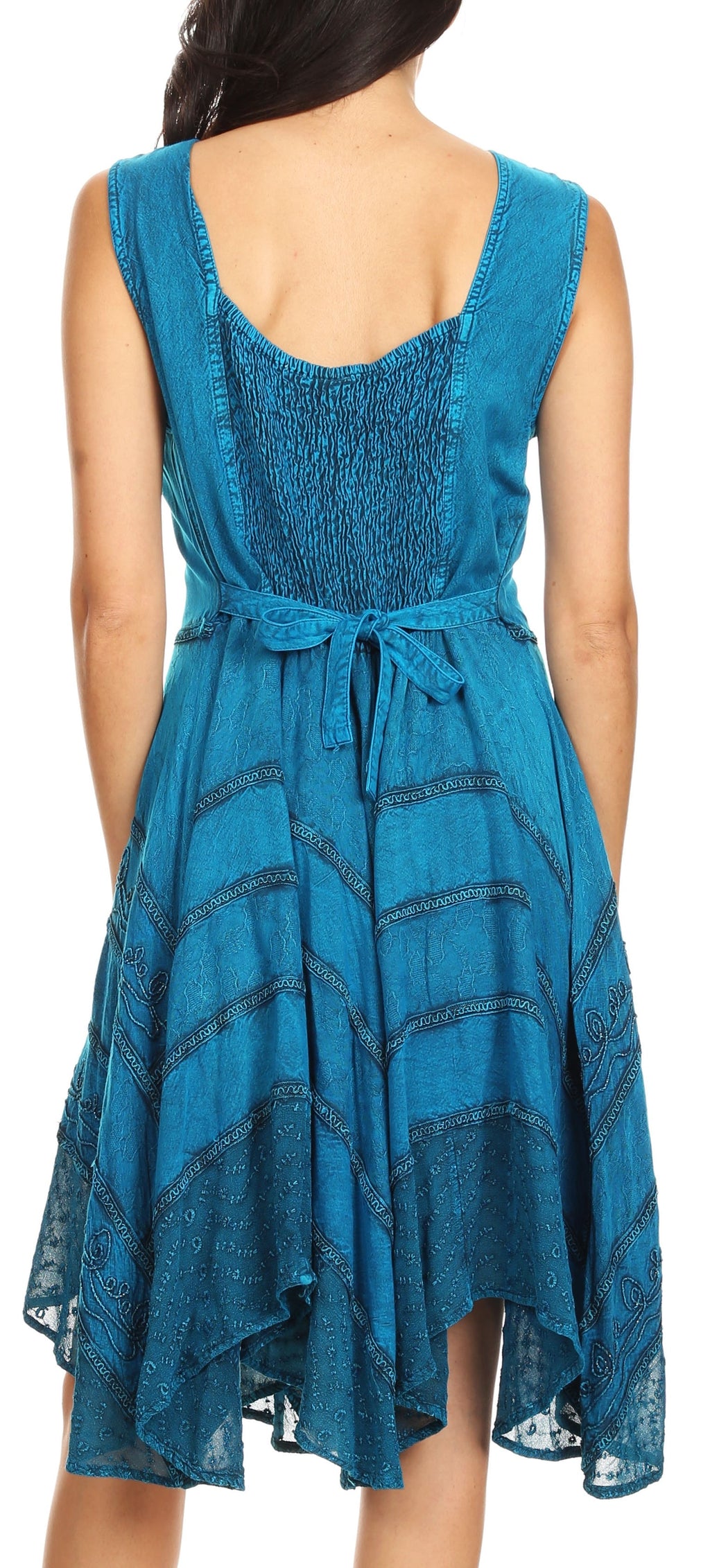 Blue embroidered sleeveless mid-length dress with back yoke and tie-waist detail