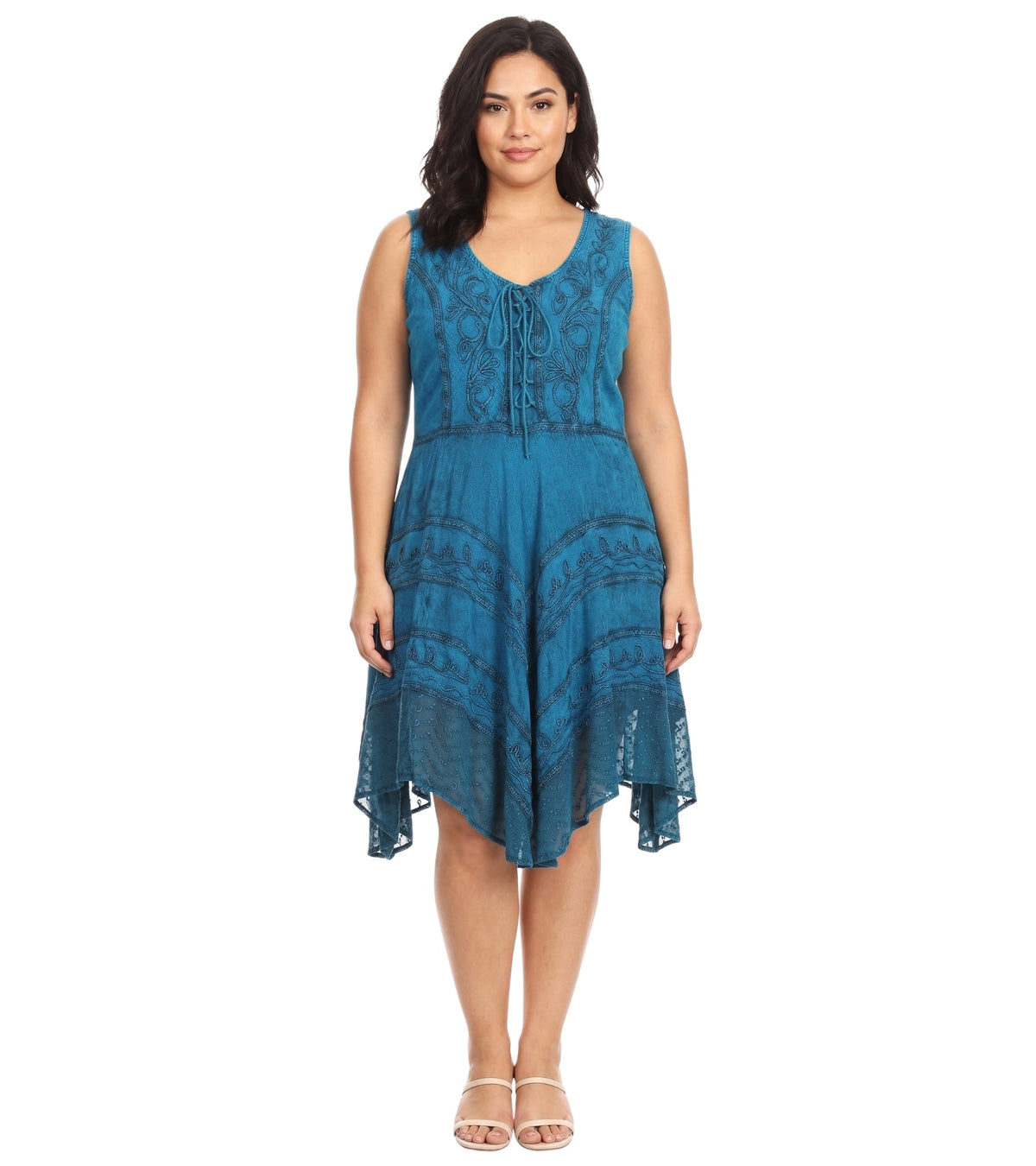 Blue embroidered mid-length dress, sleeveless scoop neckline with tiered, uneven hem