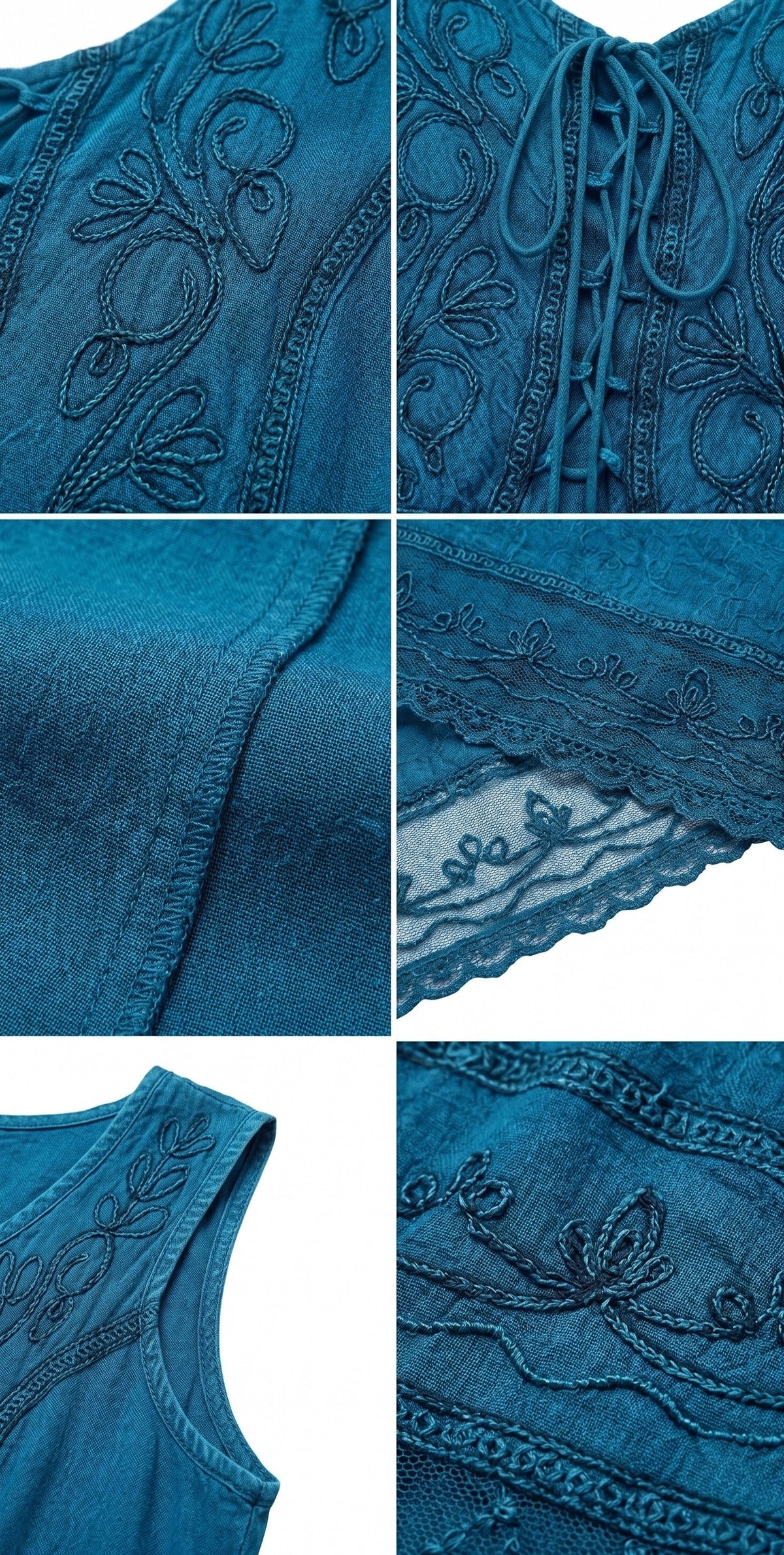 Blue stonewashed embroidered midi dress, close-up of ornate stitchwork
