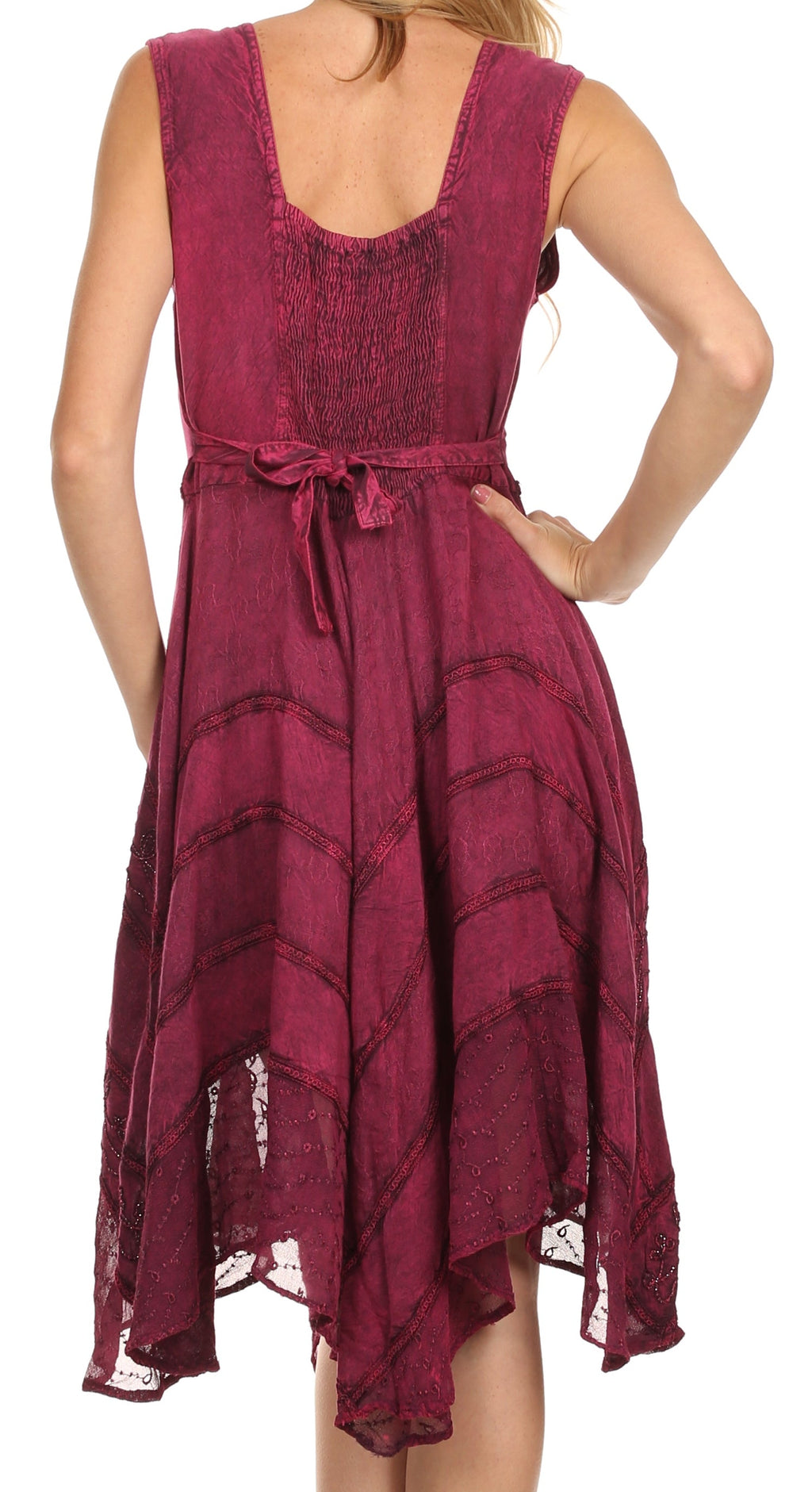 Wine embroidered sleeveless midi dress with scoop back and tied waist