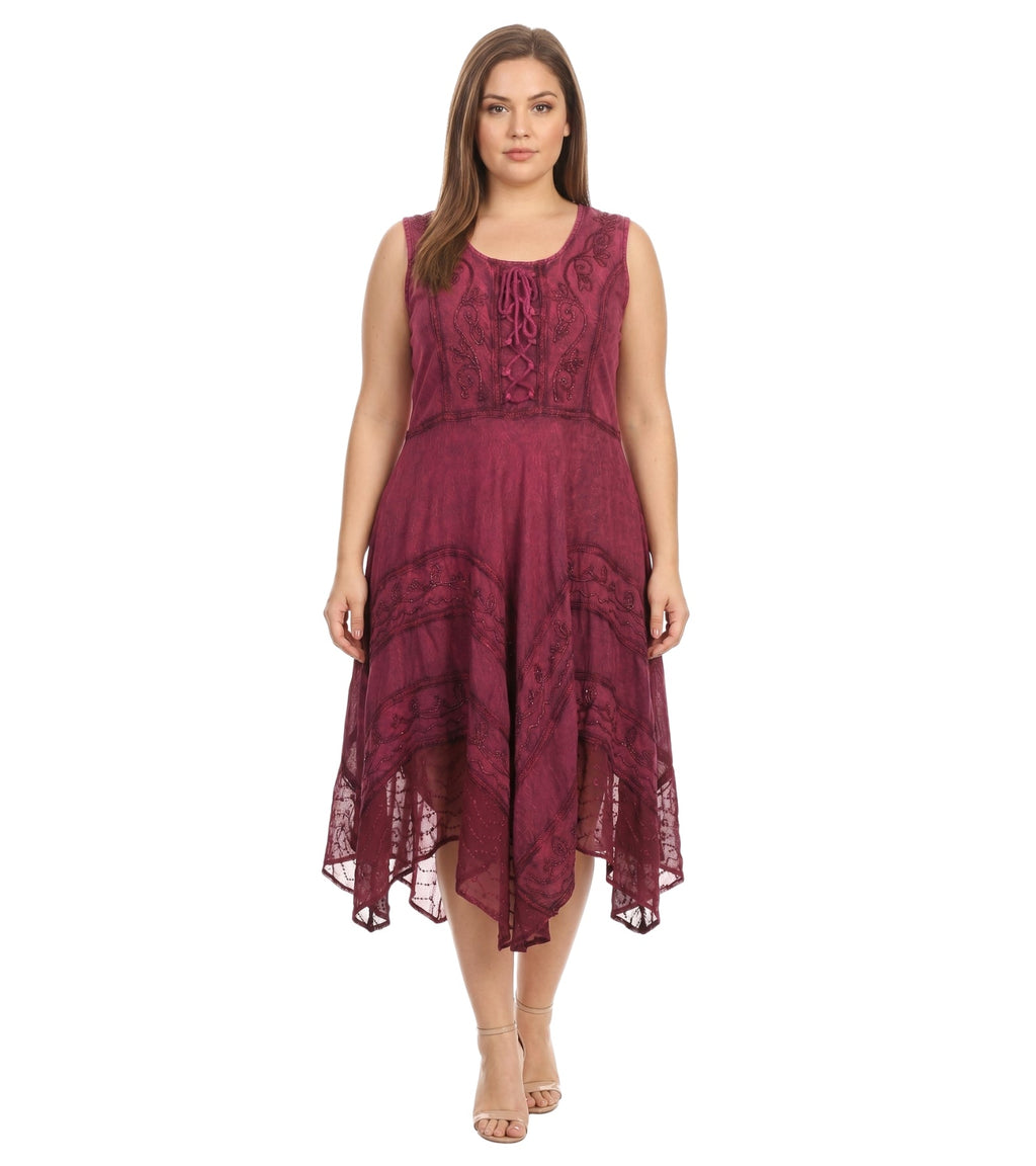 Wine sleeveless embroidered midi dress with V-front bodice and flared hem