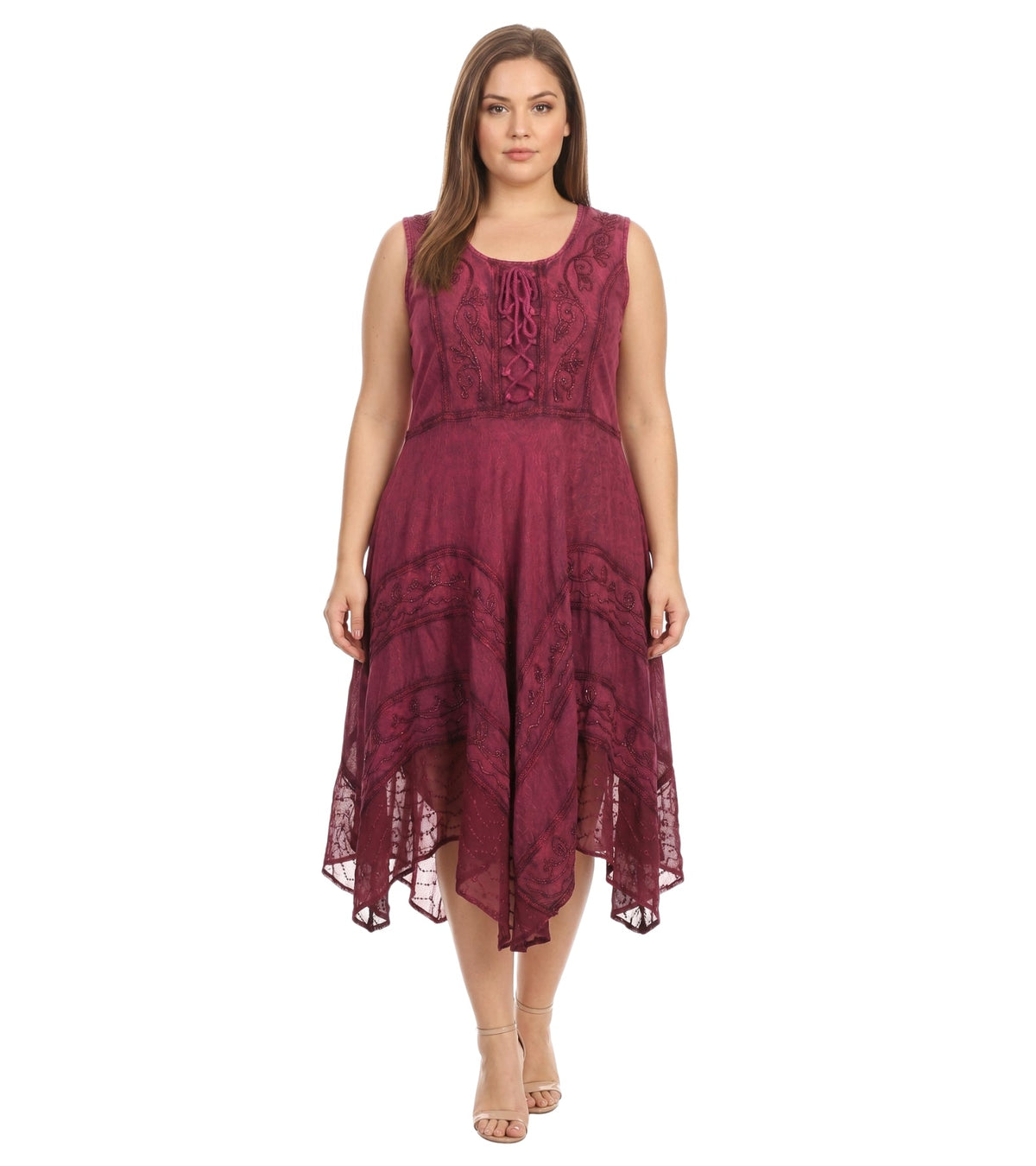 Wine sleeveless embroidered midi dress with V-front bodice and flared hem