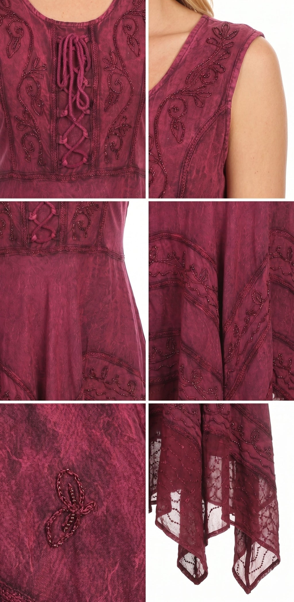 Wine embroidered dress close-up: neckline details and back panel stitching