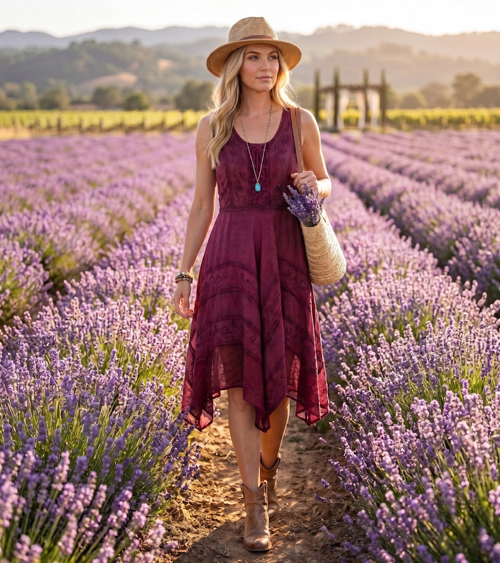 Wine stonewashed sleeveless midi dress with embroidery and tiered skirt