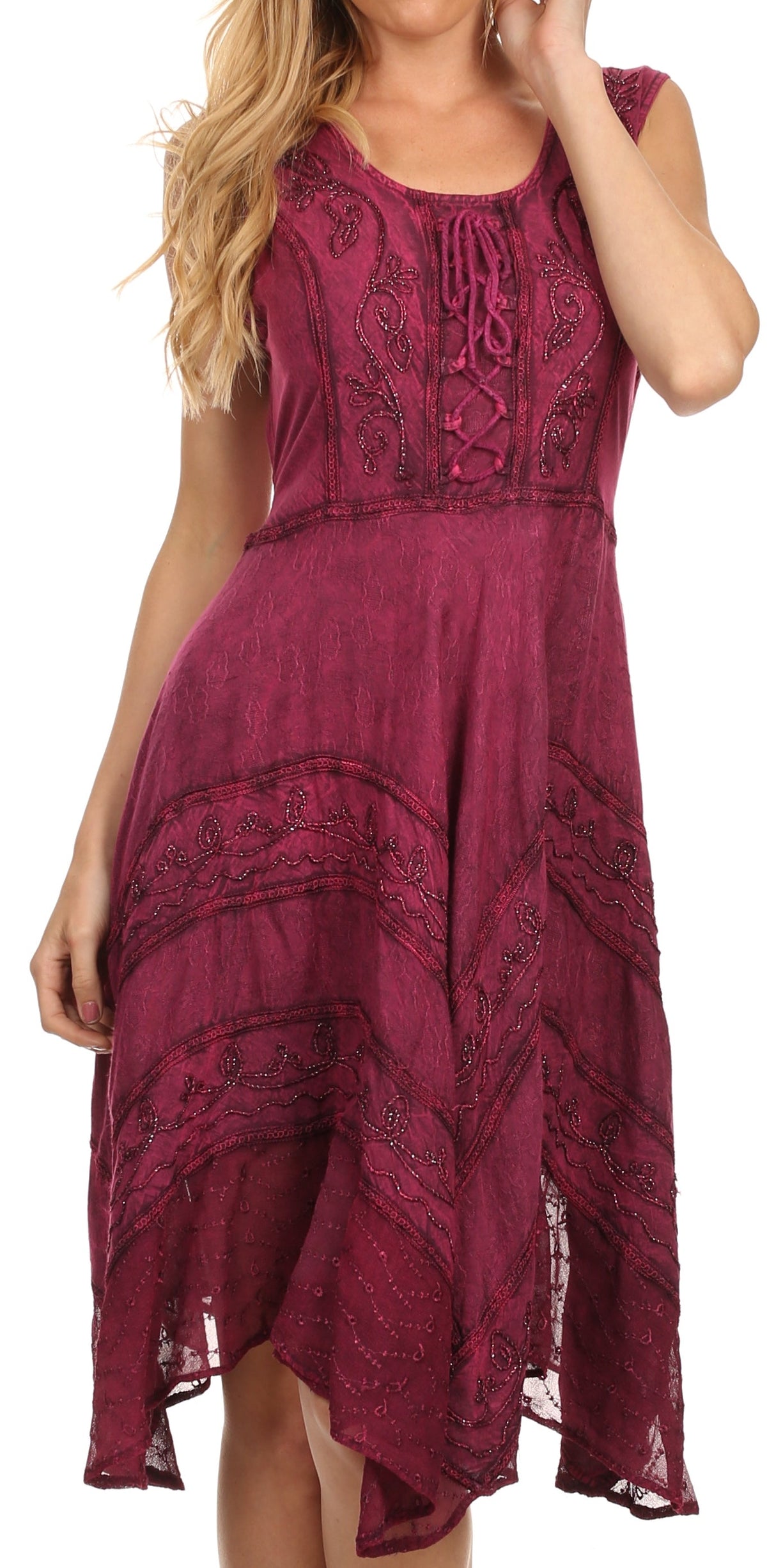 Wine sleeveless embroidered rayon midi dress with scoop neckline and flared skirt