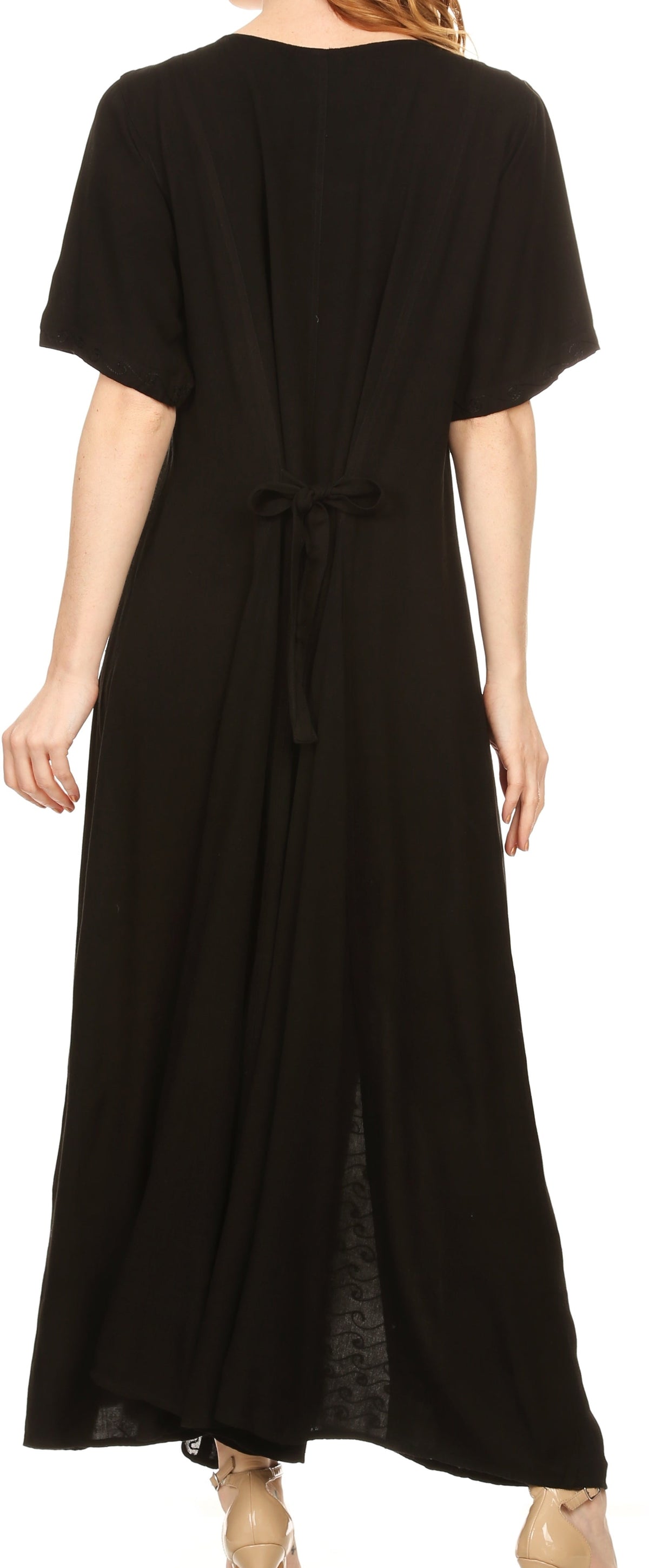 Black caftan dress back view with short sleeves and waist tie detail