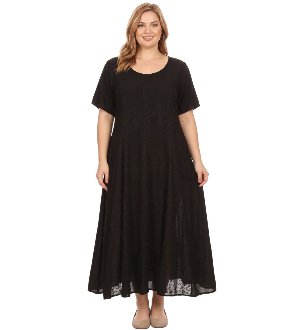 Black embroidered caftan dress with short cap sleeves, round neck, and long relaxed fit