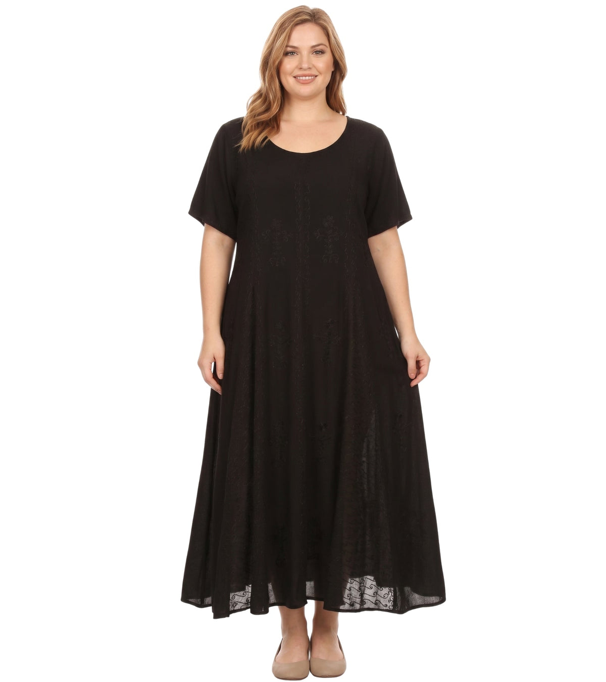 Black embroidered caftan dress with short cap sleeves, round neck, and long relaxed fit