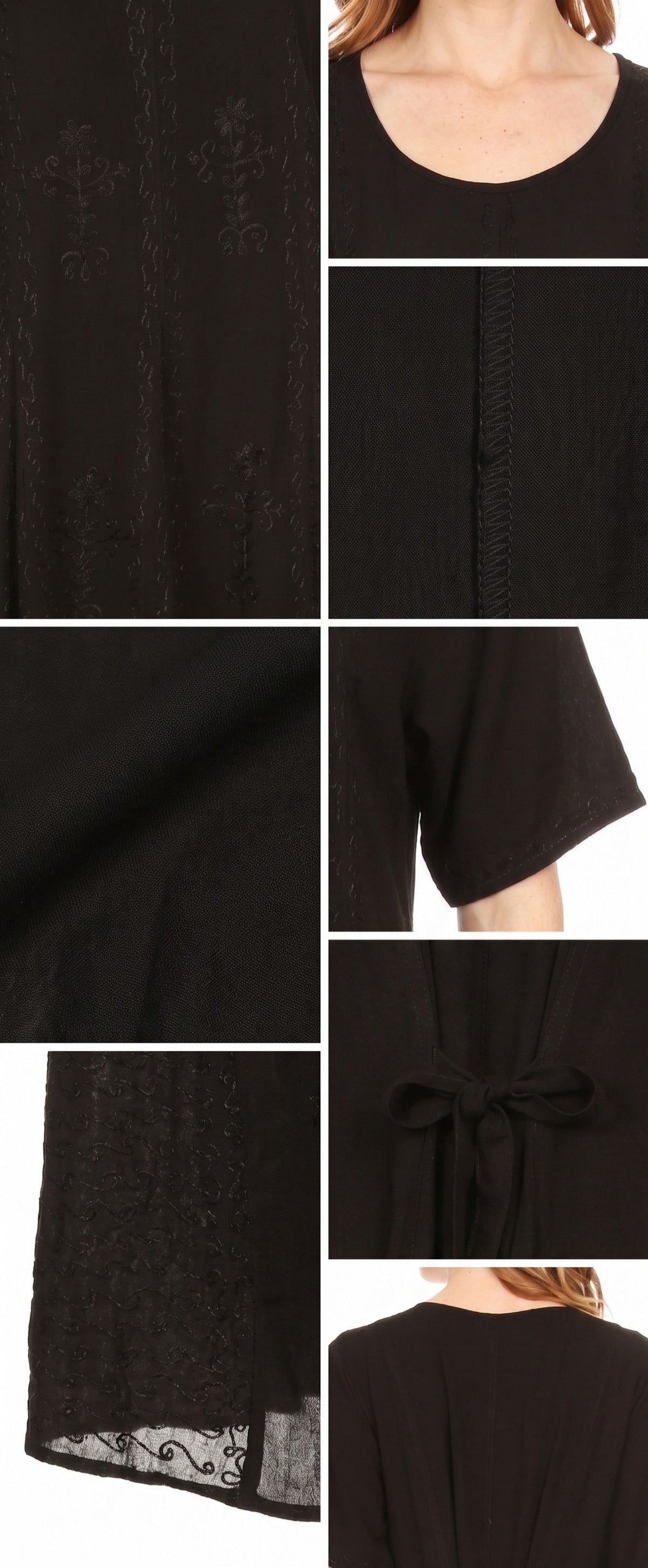 Black cap-sleeve caftan dress with embroidered detailing and scalloped lace hem