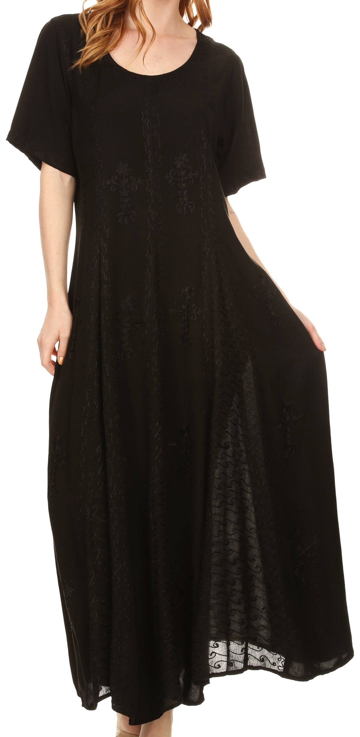 Black embroidered cap-sleeve caftan dress with round neckline and long flared skirt