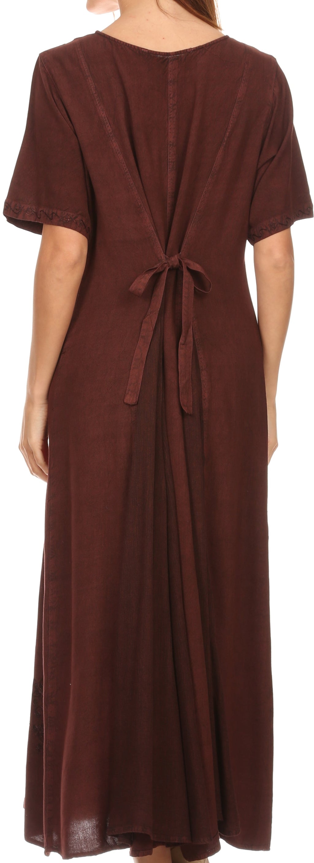 Brown caftan dress back with tie waist bow and short sleeves