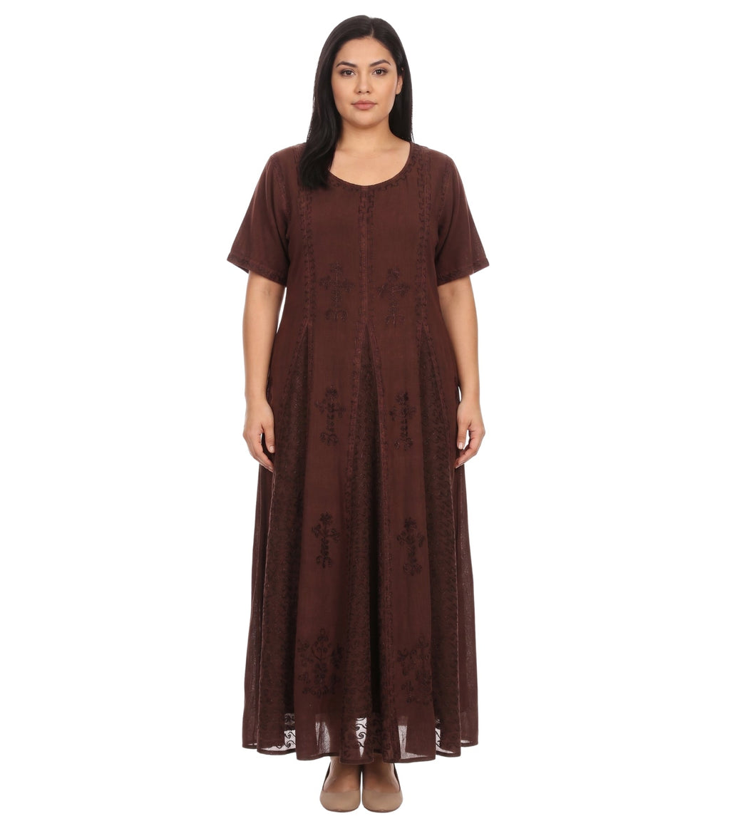 Brown embroidered long caftan dress with short cap sleeves and round neckline