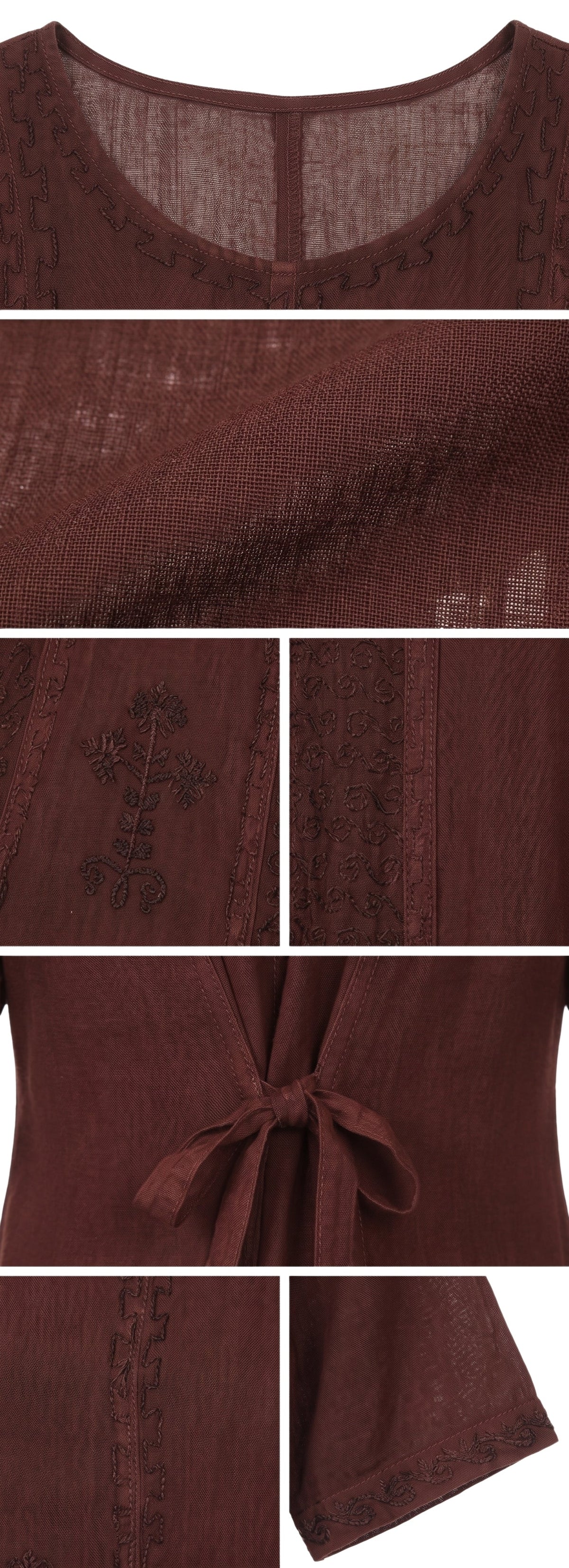 Brown embroidered caftan fabric detail and back tie waist bow