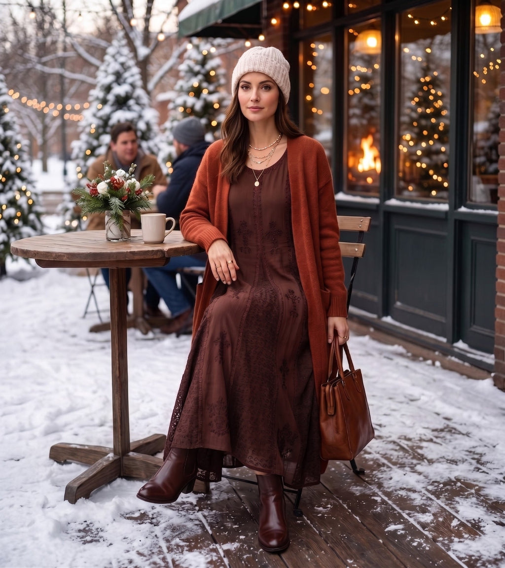 Brown embroidered long caftan dress with cap sleeves and round neckline