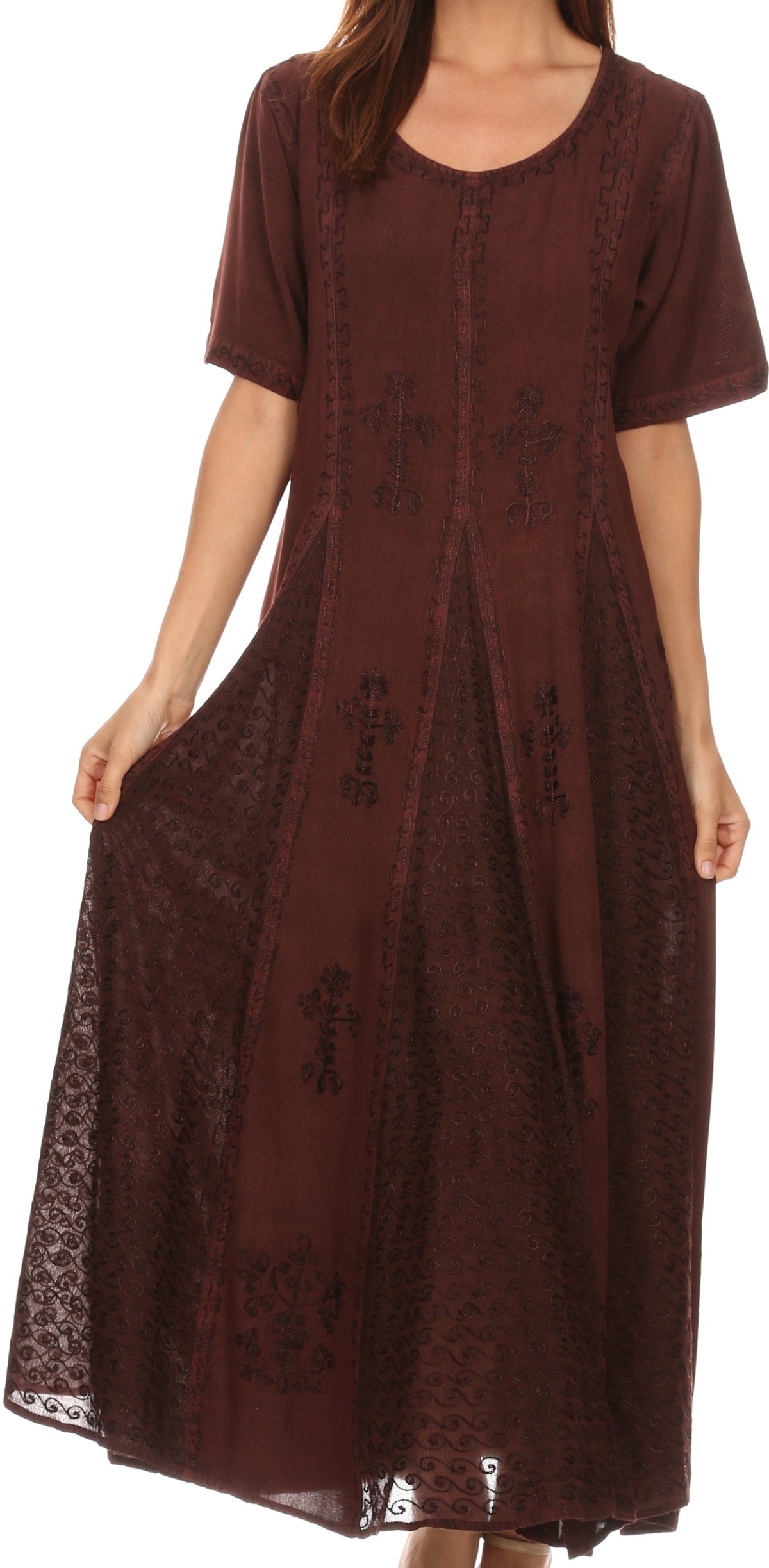Brown embroidered caftan dress with short cap sleeves and flared skirt