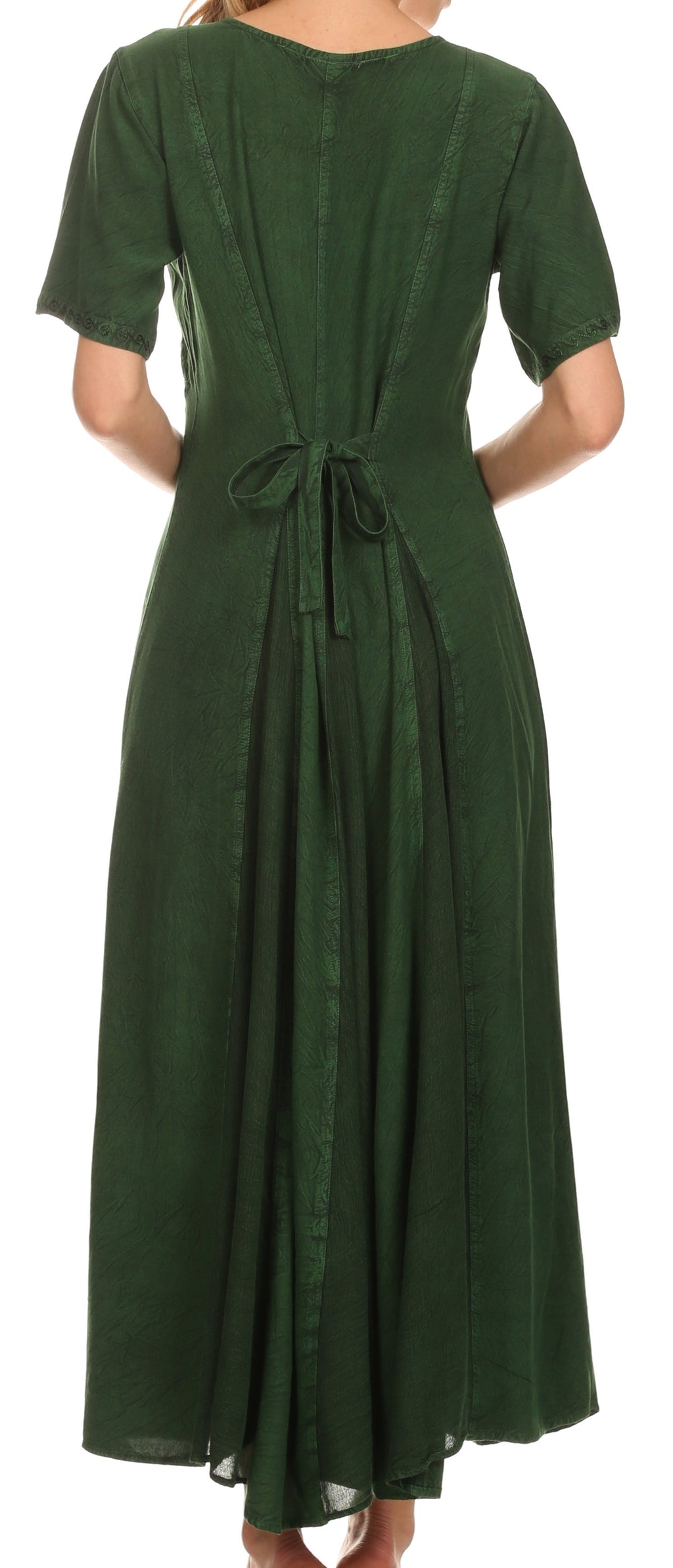 Back view of green long caftan dress with embroidered yoke and waist tie