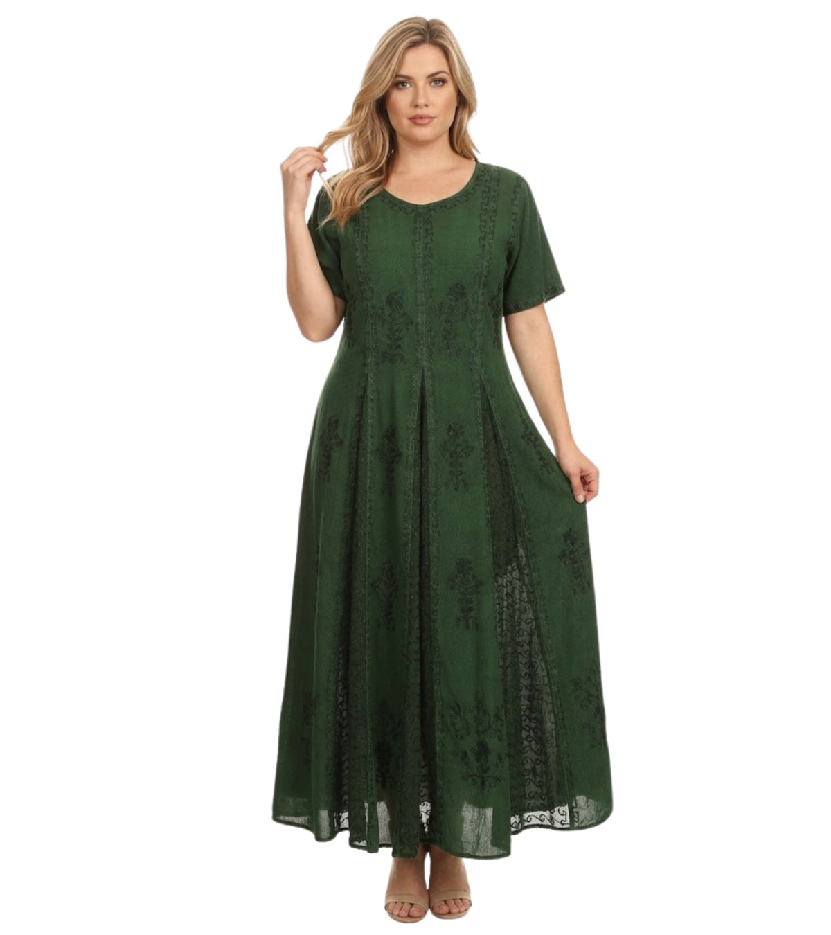Green embroidered long caftan dress with cap sleeves and gathered waist tie