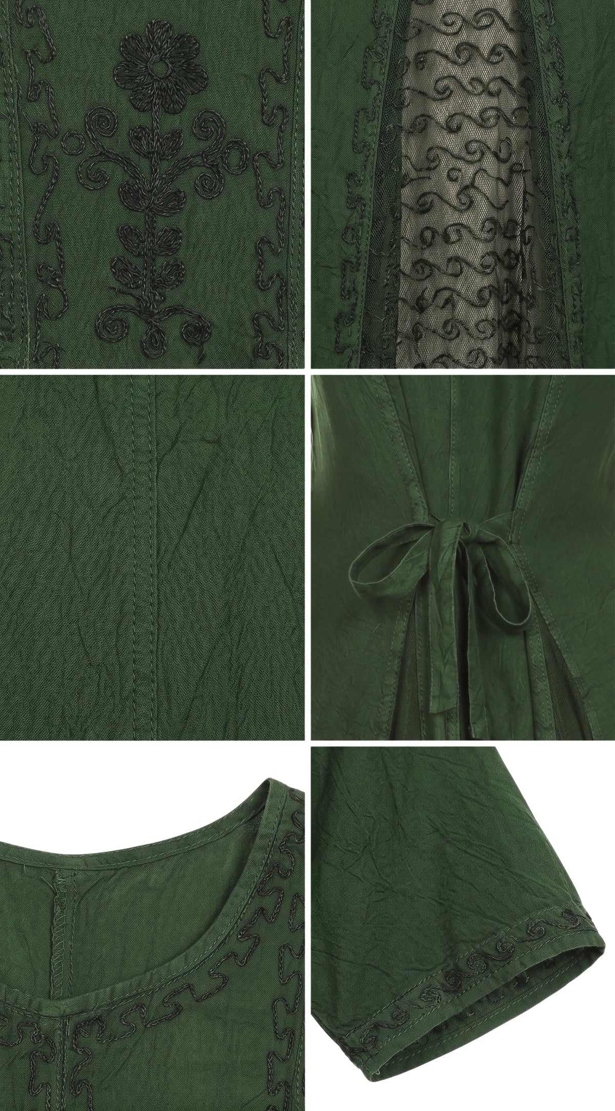 Green embroidered caftan fabric with front yoke detail and waist tie at back