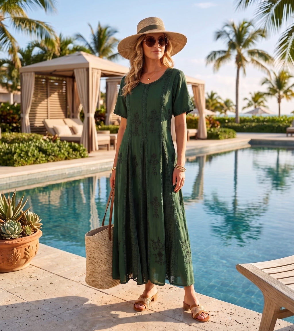 Green long embroidered caftan dress with cap sleeves and gathered skirt