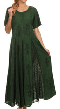 Green cap sleeve caftan long dress with embroidered pattern and gathered skirt