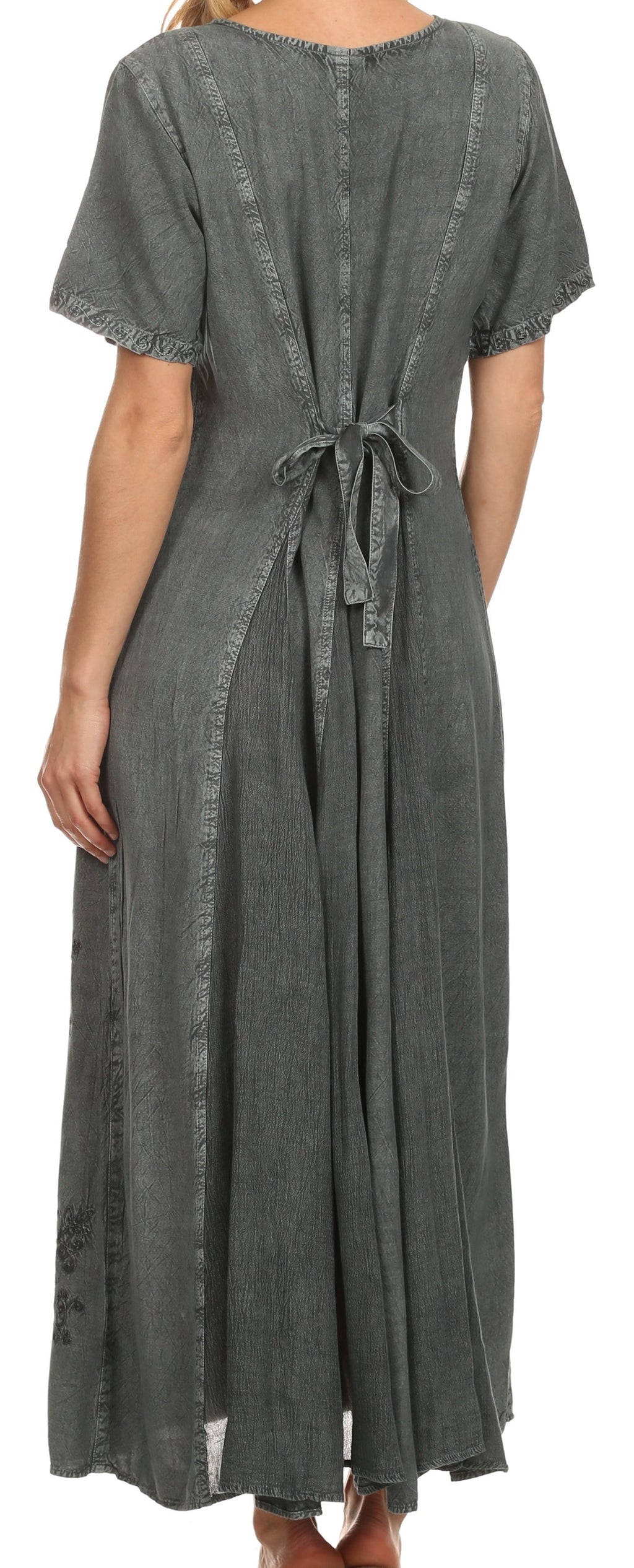 Back view of dark grey caftan dress with waist tie and embroidered yoke