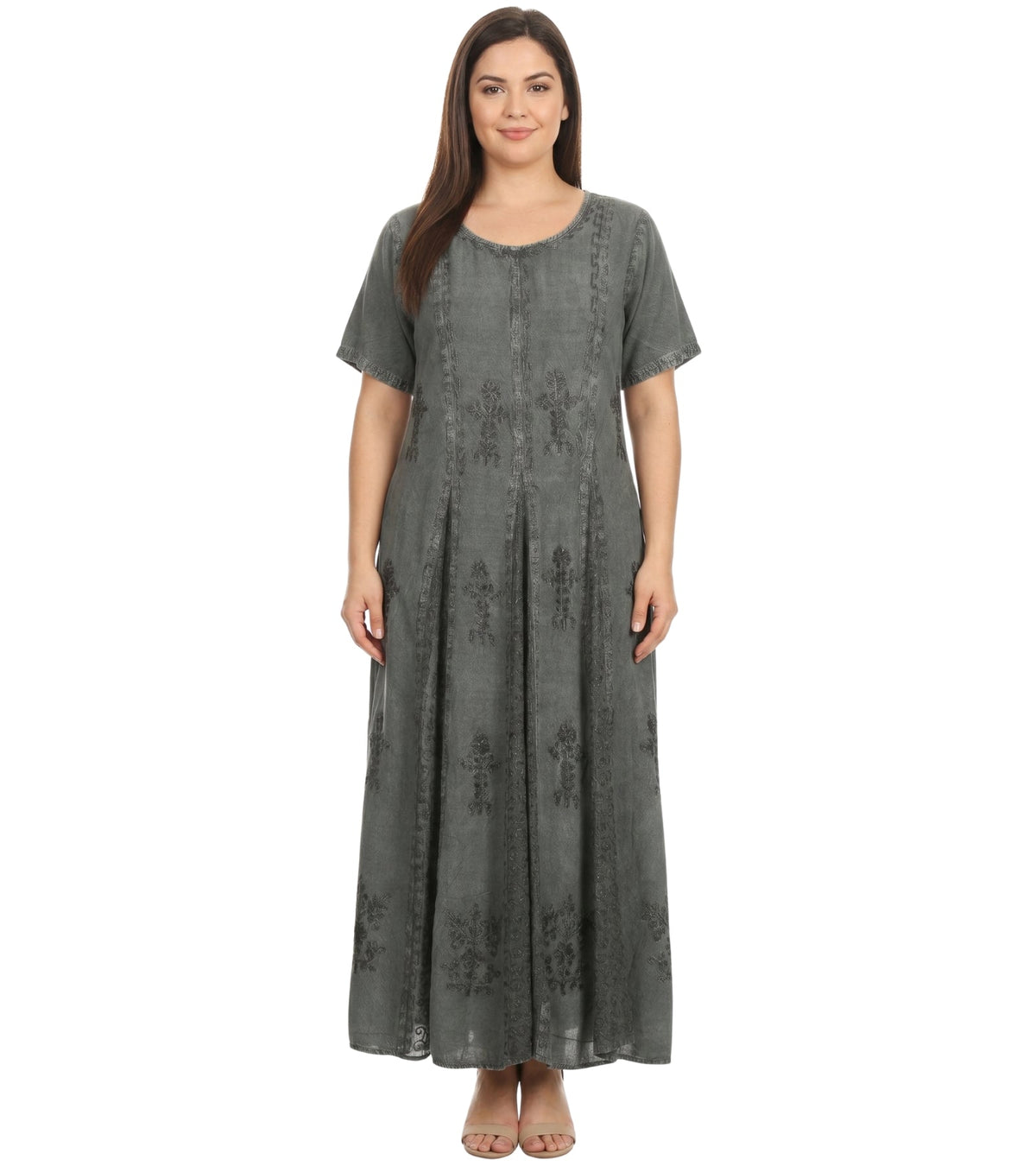 Grey embroidered long caftan dress with short cap sleeves and round neckline