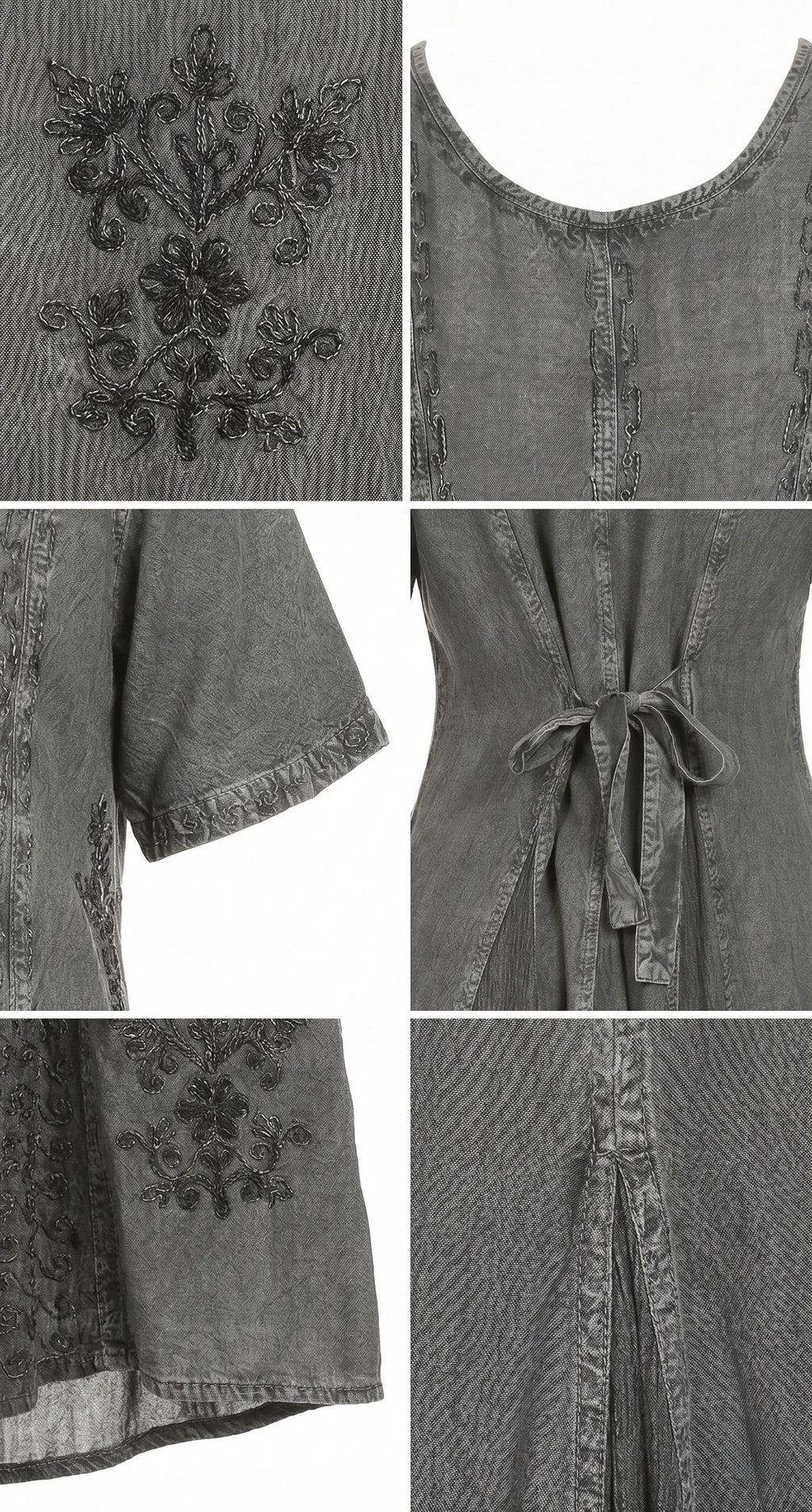 Dark grey stonewashed caftan dress with embroidered yoke and scoop neckline