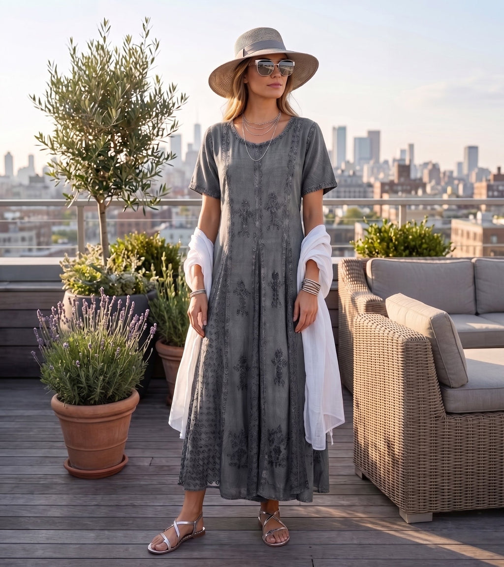 Dark blue embroidered long caftan dress with short cap sleeves and round neckline