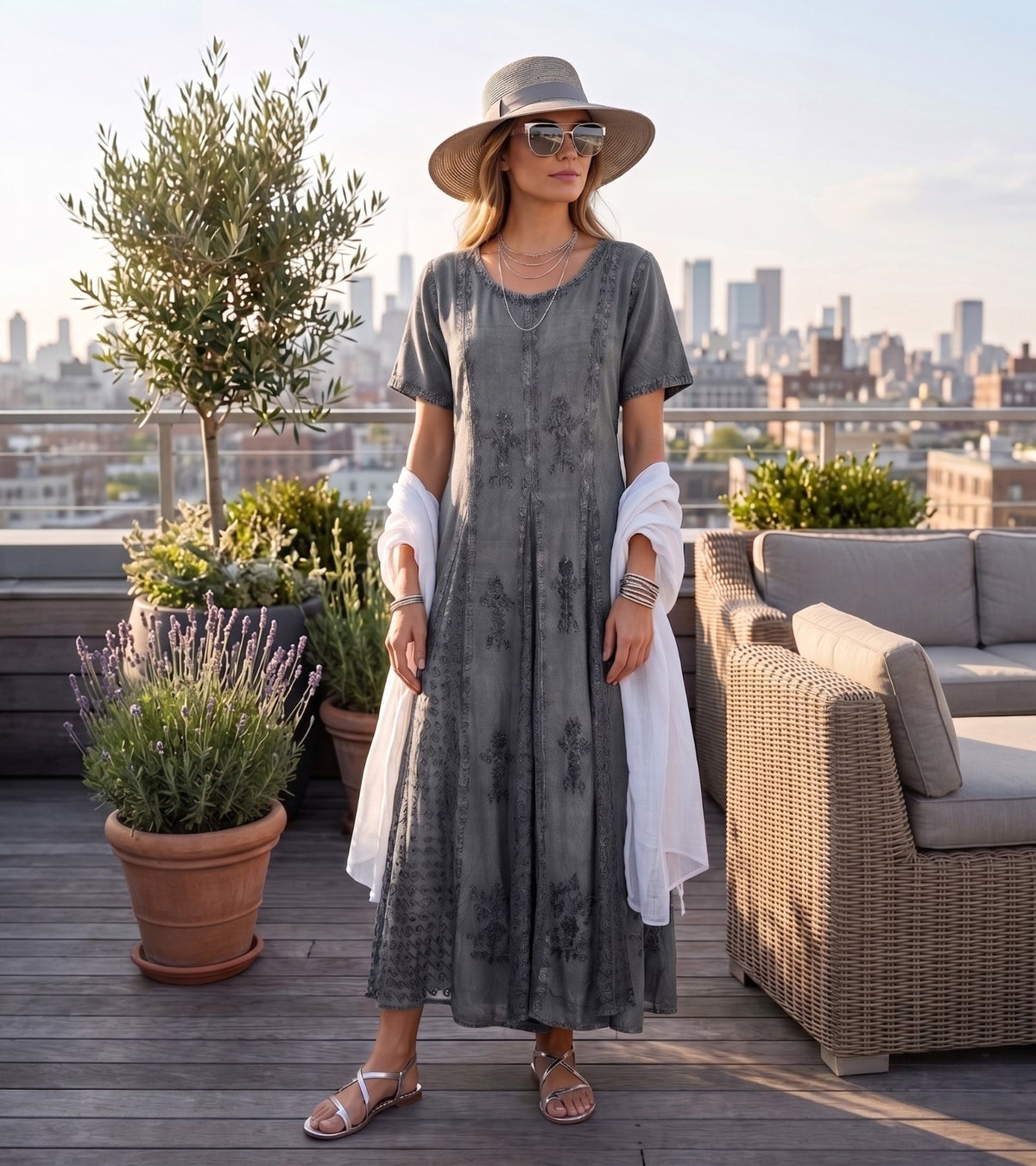 Dark blue embroidered long caftan dress with short cap sleeves and round neckline